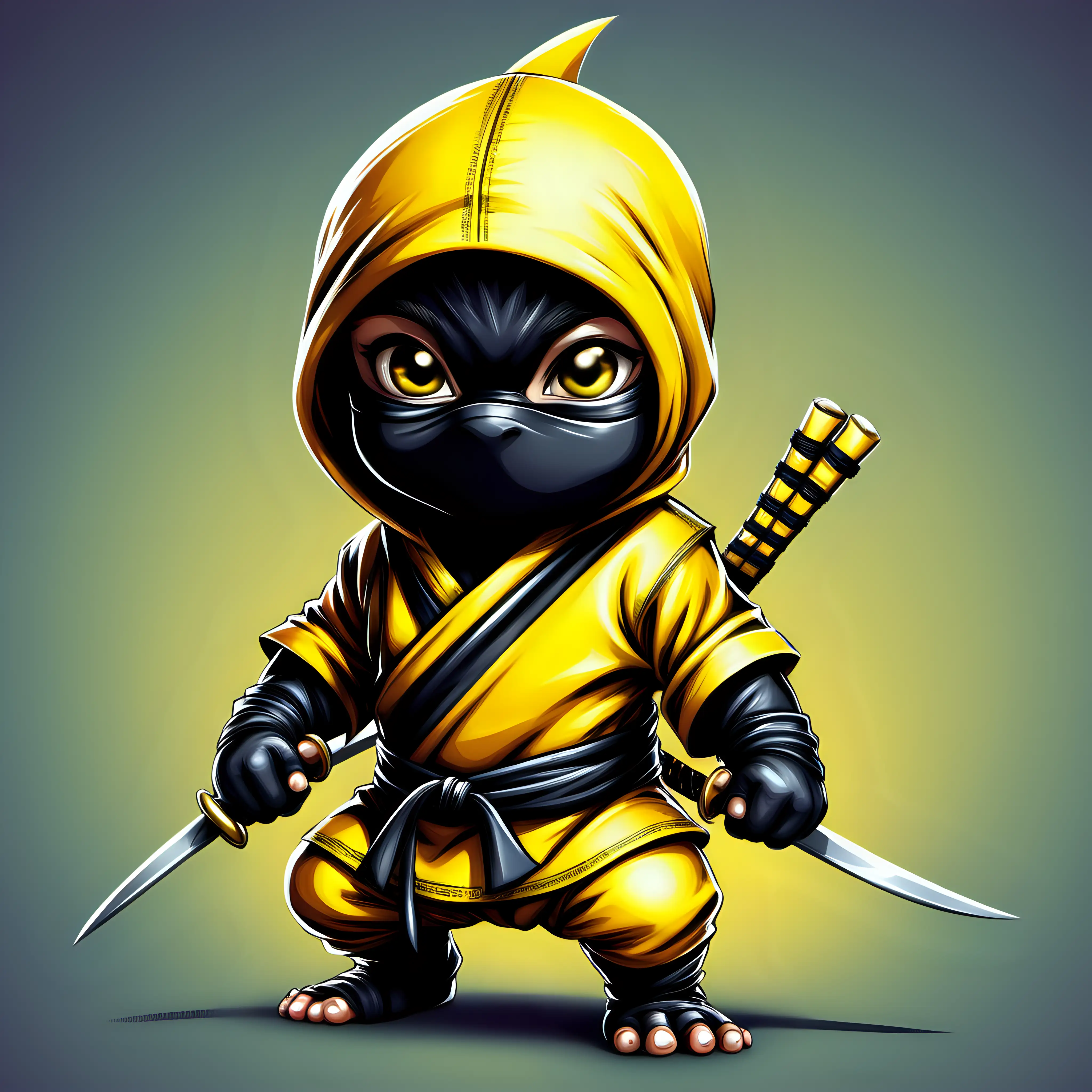 Kleiner süßer Baby Ninja als beliebiges Tier, Comic Style, hohe Details, gelbe Farben 