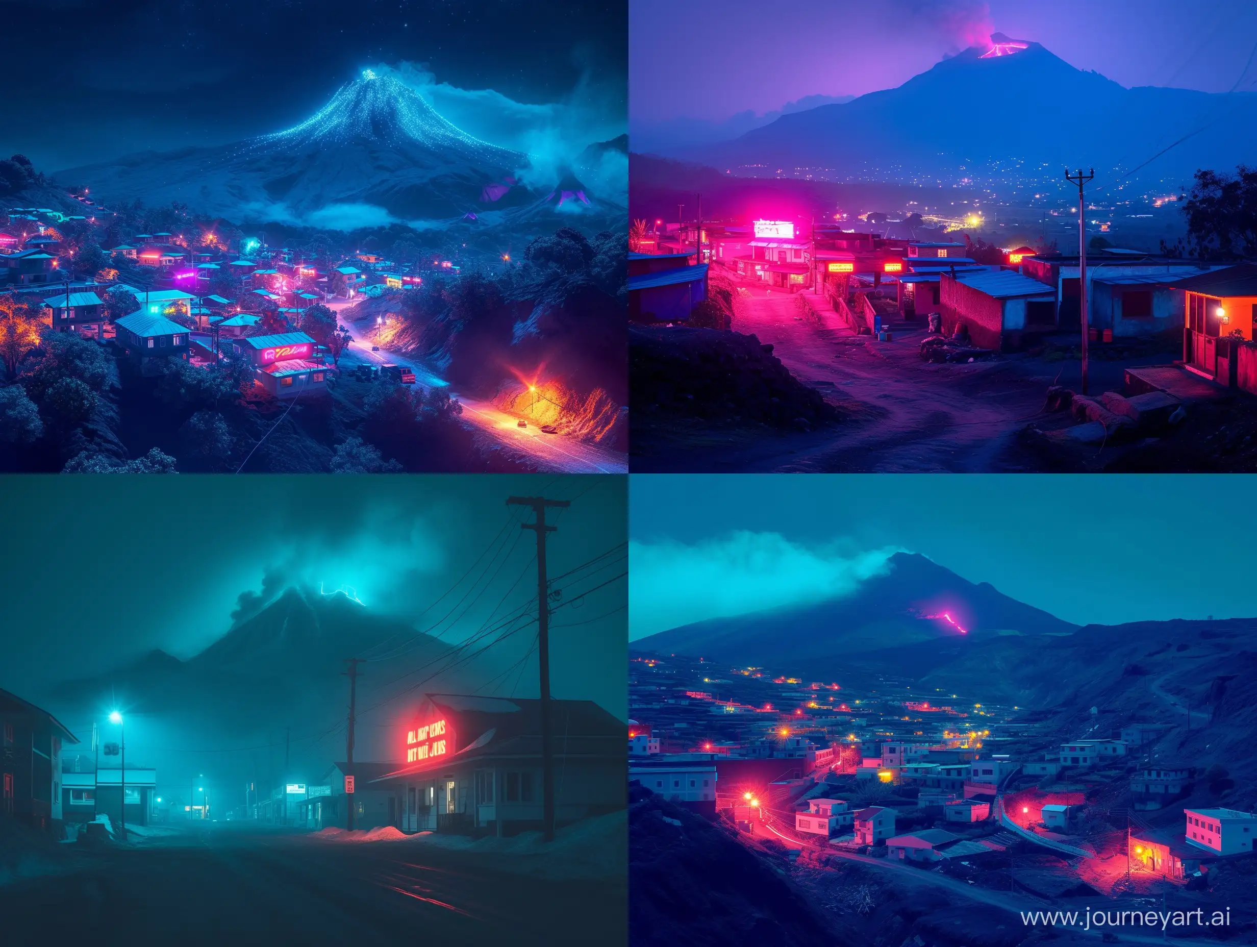 Enchanting-Midnight-Glow-Over-Little-Town-with-Volcano-Eruption