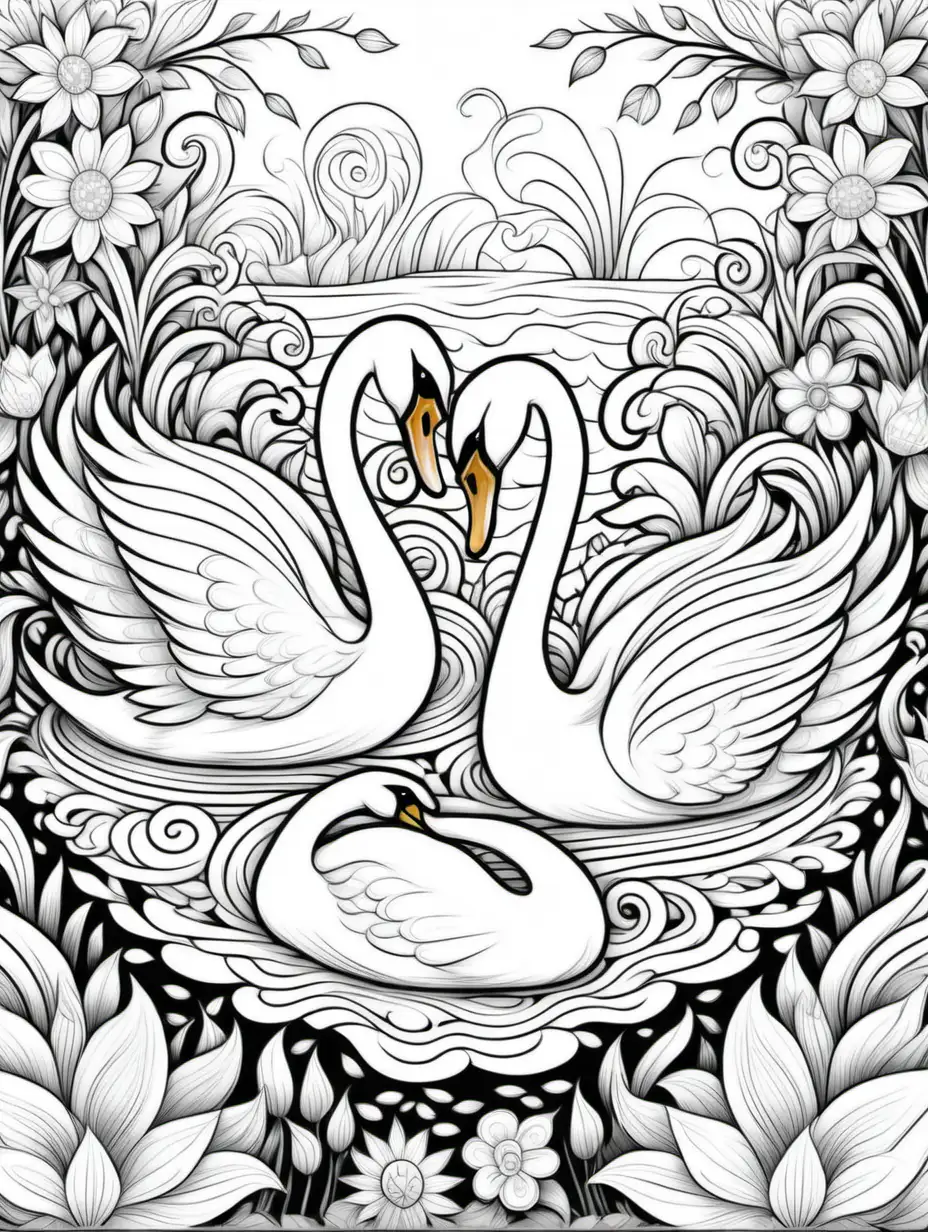 swans, black and white, children's coloring book, doodle floral art background, black and white, no shading, thick black lines, clean edges, full page, color by number