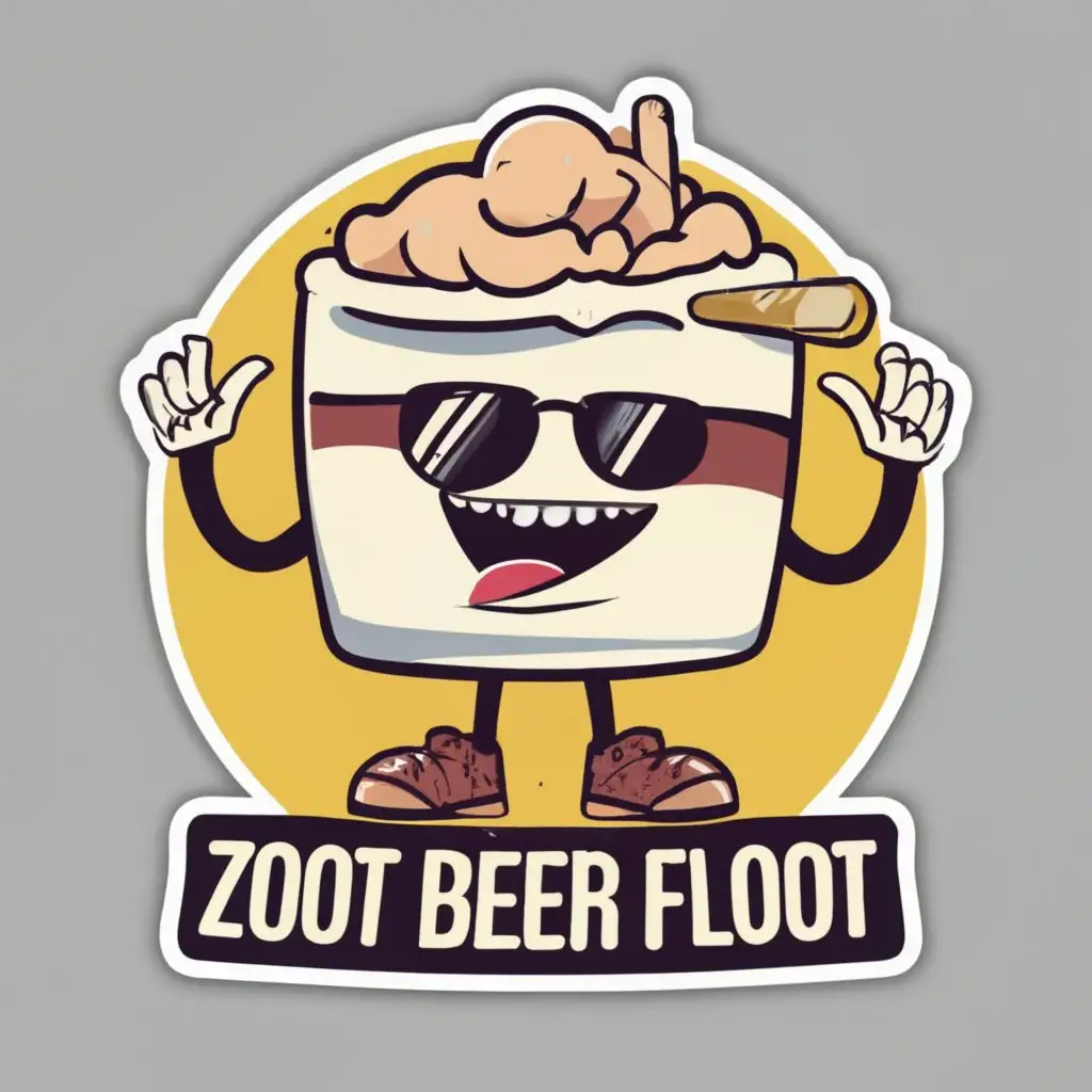 logo, Sticker of a cartoon root beer float looking stoned, with the text "Zoot Beer Float", typography