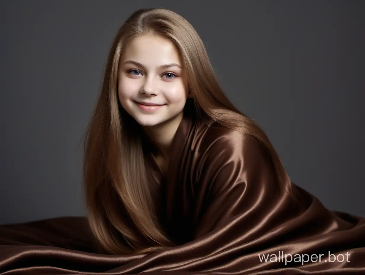 angelically smiling Yulia Lipnitskaya with long straight hair under luxury, gentle, silk sweet chocolate blanket