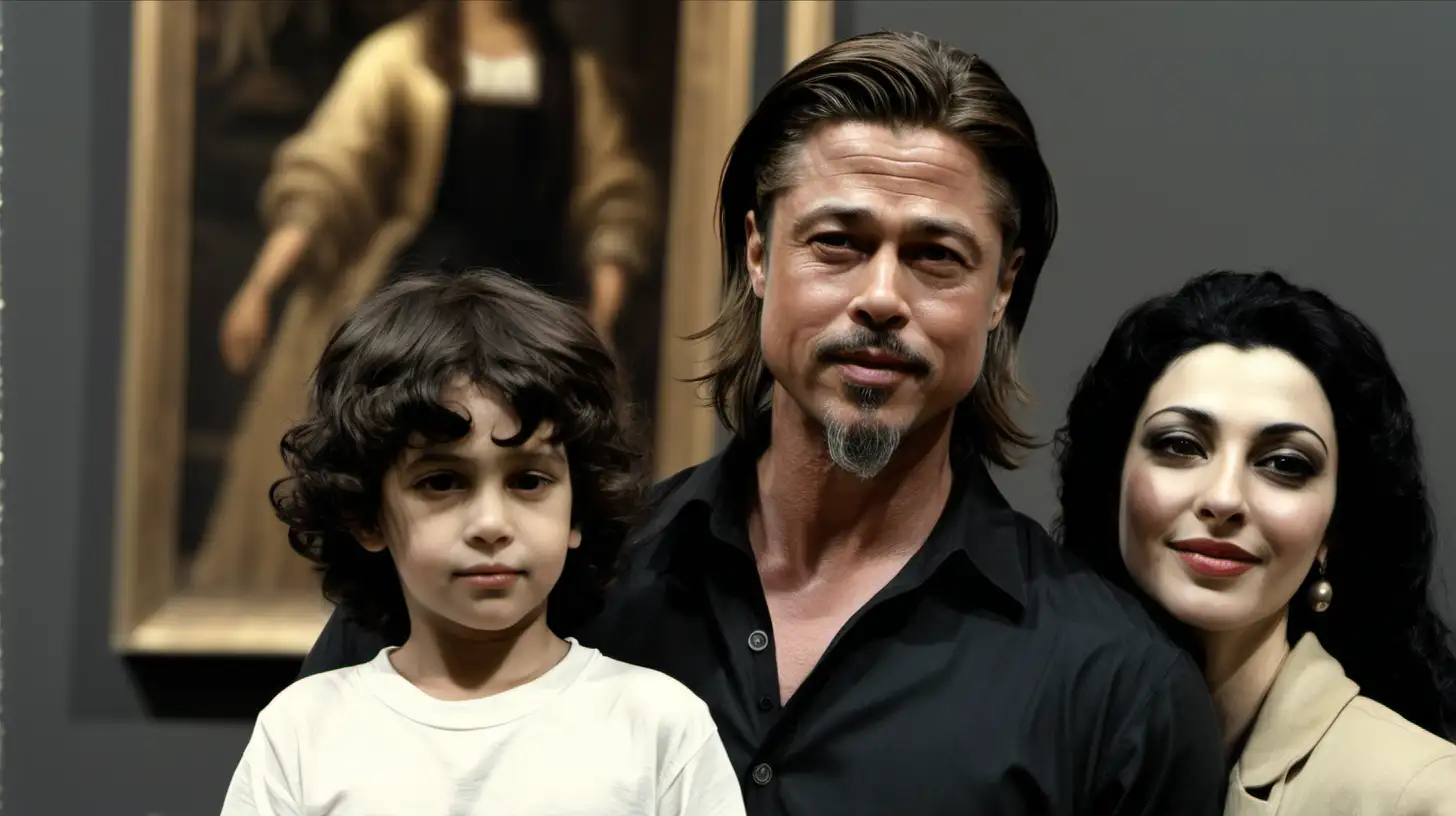A man in a museum with his wife and son.  He looks like a Persian version of Brad Pitt with a mustache and black hair.