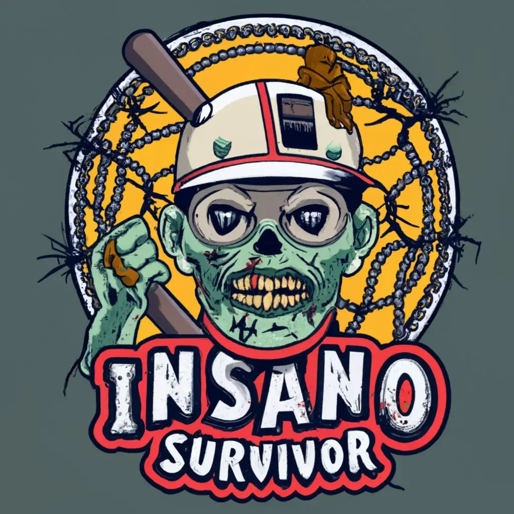 logo, JUST A HEAD OF THE military zombie with a baseball bat WITH BARBED WIRE, with the text "INSANO SURVIVOR", typography