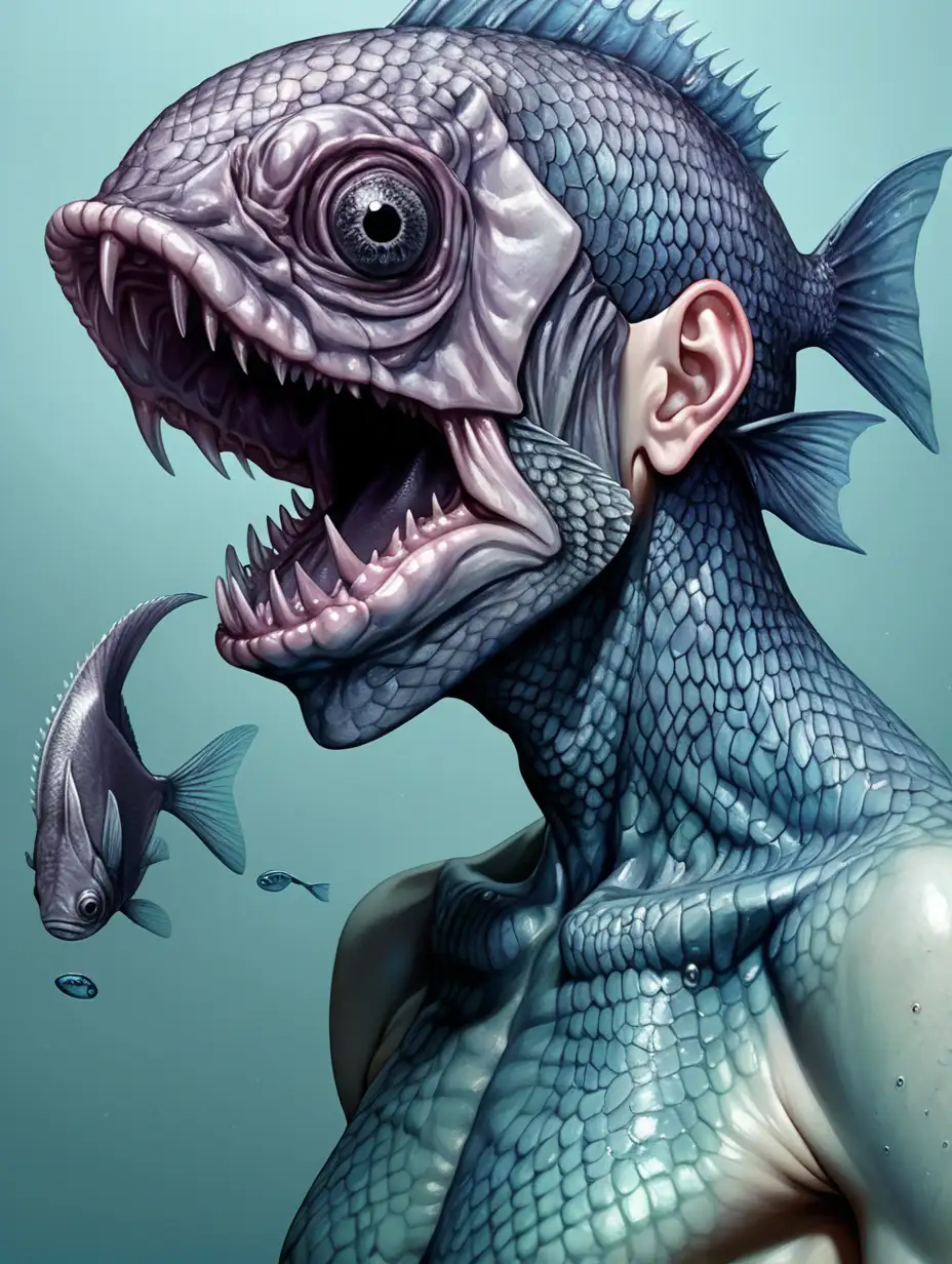 blubery fish person with a slimey gray scaly fish head on a human body