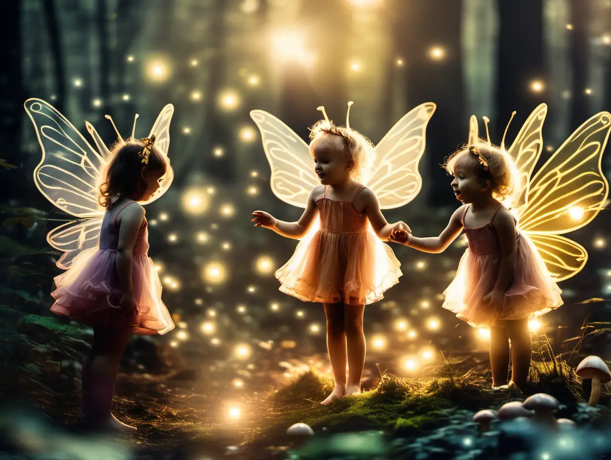 lots of young fairies playing in the forrest, mushrooms on the ground, early morning light, glowing orbs dance around the fairy wings, pixie dust