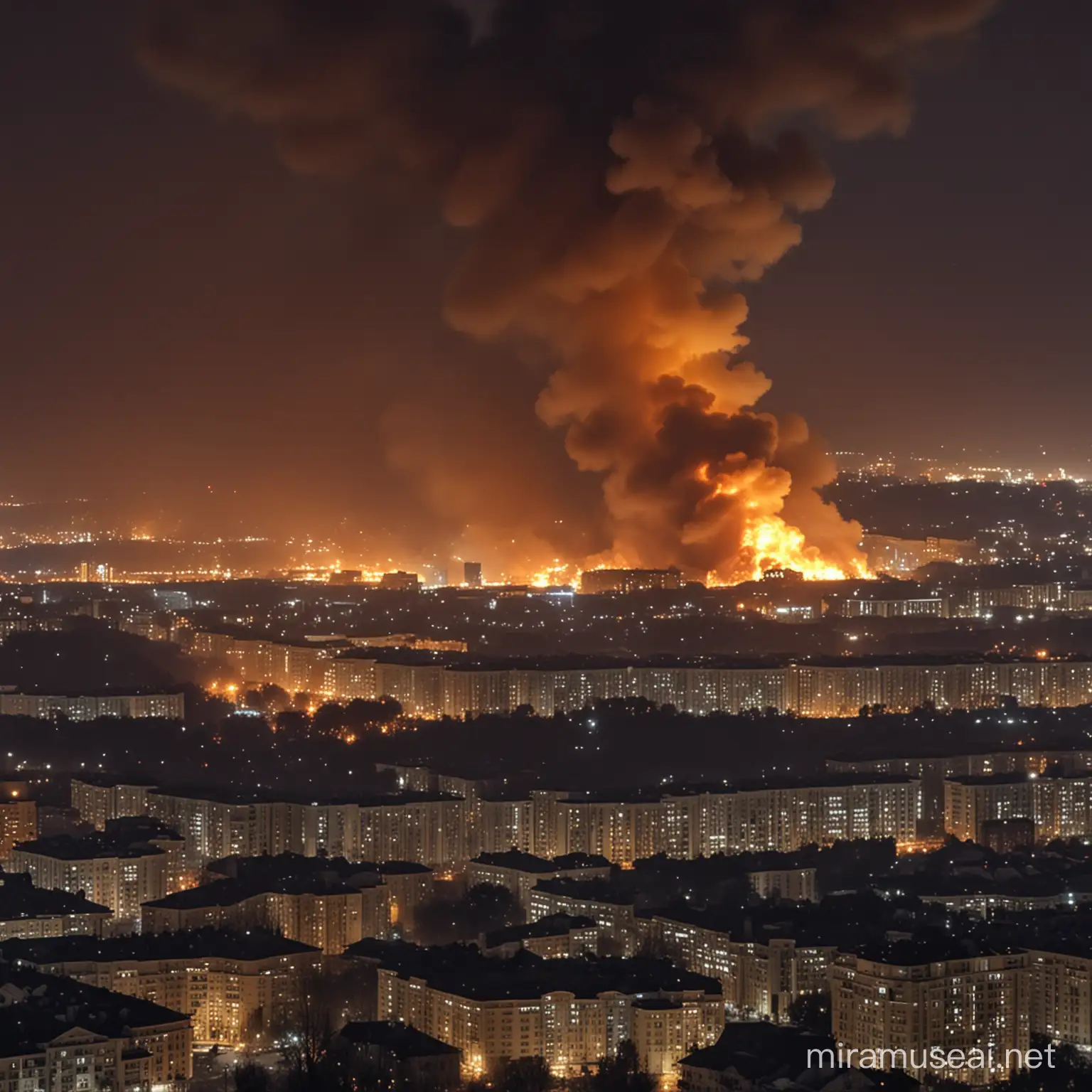 Fiery Night Kiev Cityscape in Darkness