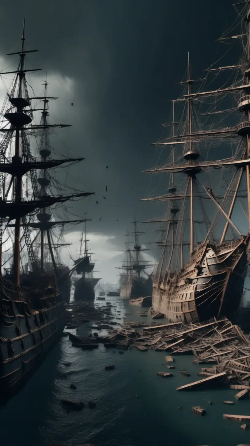 Barcos destrozados en un puerto, siglo XVIII, IMAGEN ULTRA REALISTA, ILUMINACIÓN CINEMATOGRÁFICA,ALTA DEFINICIÓN,8K