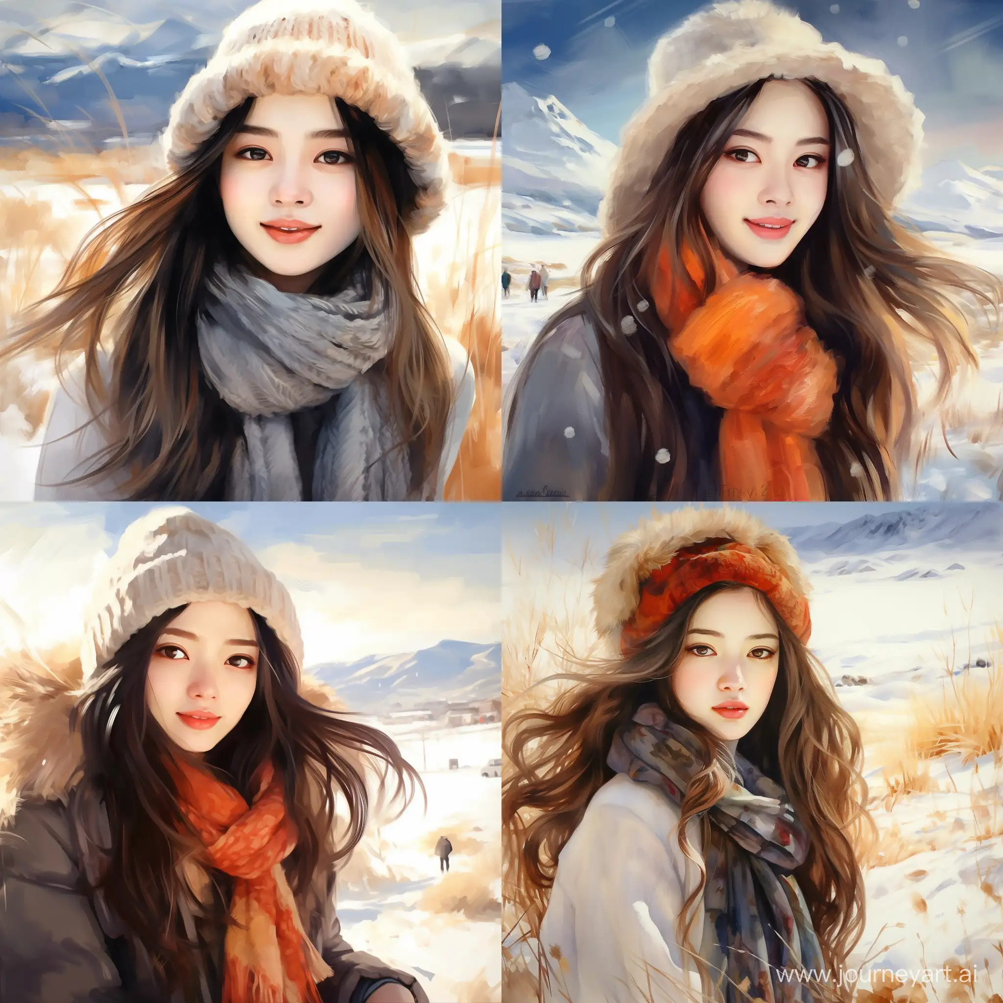 style impressionism charm of the natural beauty of youth and health, beautiful painting with watercolors and ink, smooth steppe, winter, bright sun, blue sky, white clouds, beautiful Asian girl 19 years old, white glowing asian skin, radiant big brown asian eyes, light smile, straight nose, wide asiuan cheekbones, black brownish hair, warm knitted hat, knitted wool scarf, warm buttoned coat, long dress with long sleeves, high stand-up collar, hair in a braid, round cap on her head, girl in the middle, focus on the face, walking, beautiful picture, waist-length portrait, pleasant, joyful, optimistic.