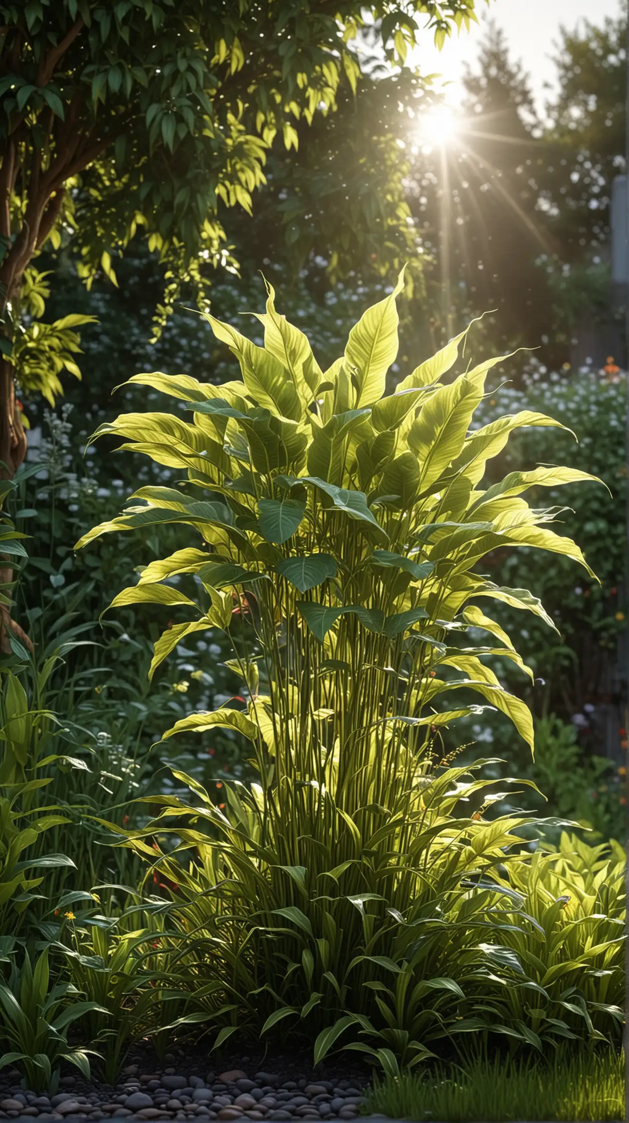 beautiful plant of morning on a beautiful garden, light shinning from above, evening weather, 4k, HDR, hyper-realistic