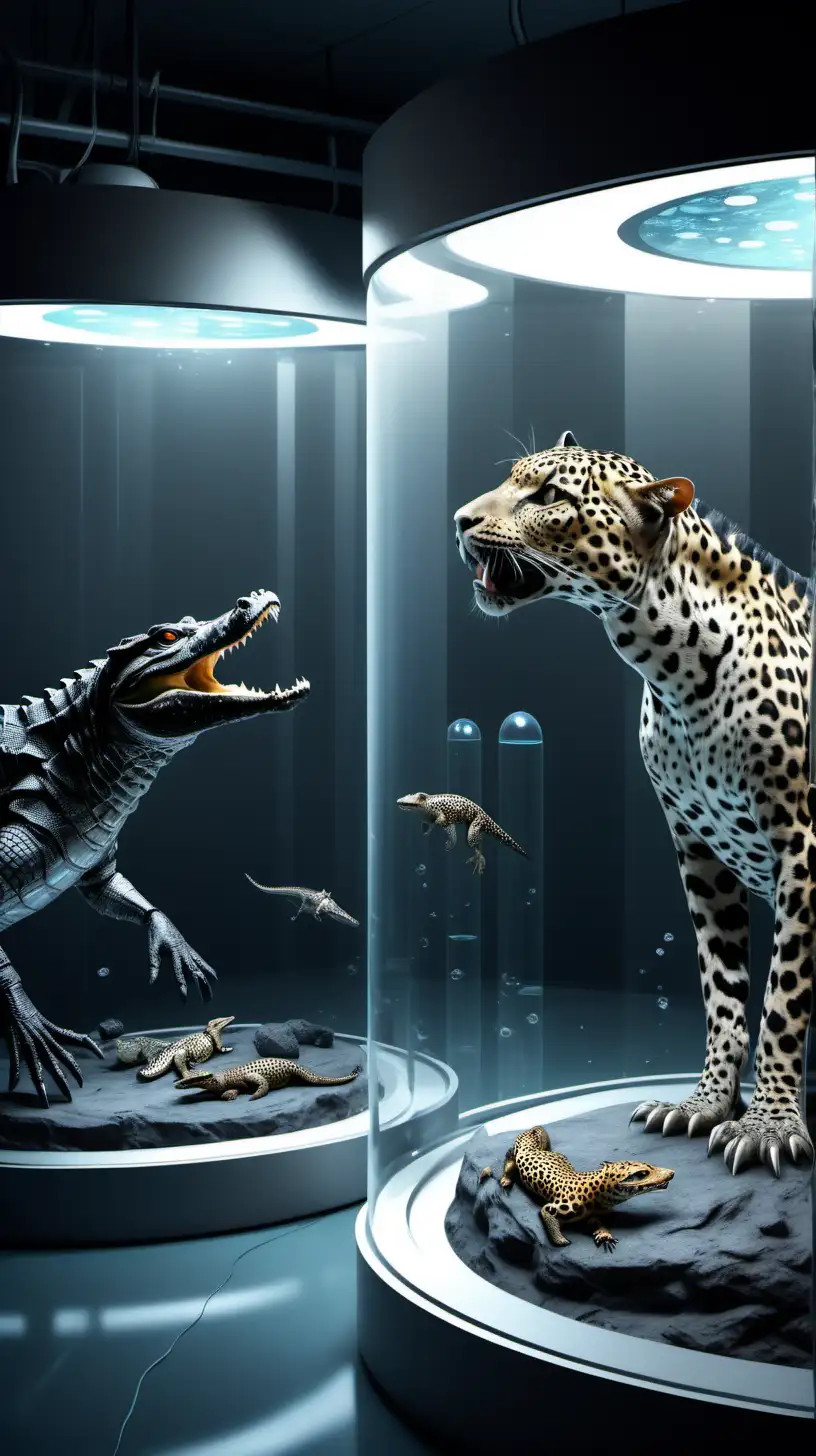 Terrifying Black Caiman and Leopard Asleep in Futuristic Laboratory Capsules