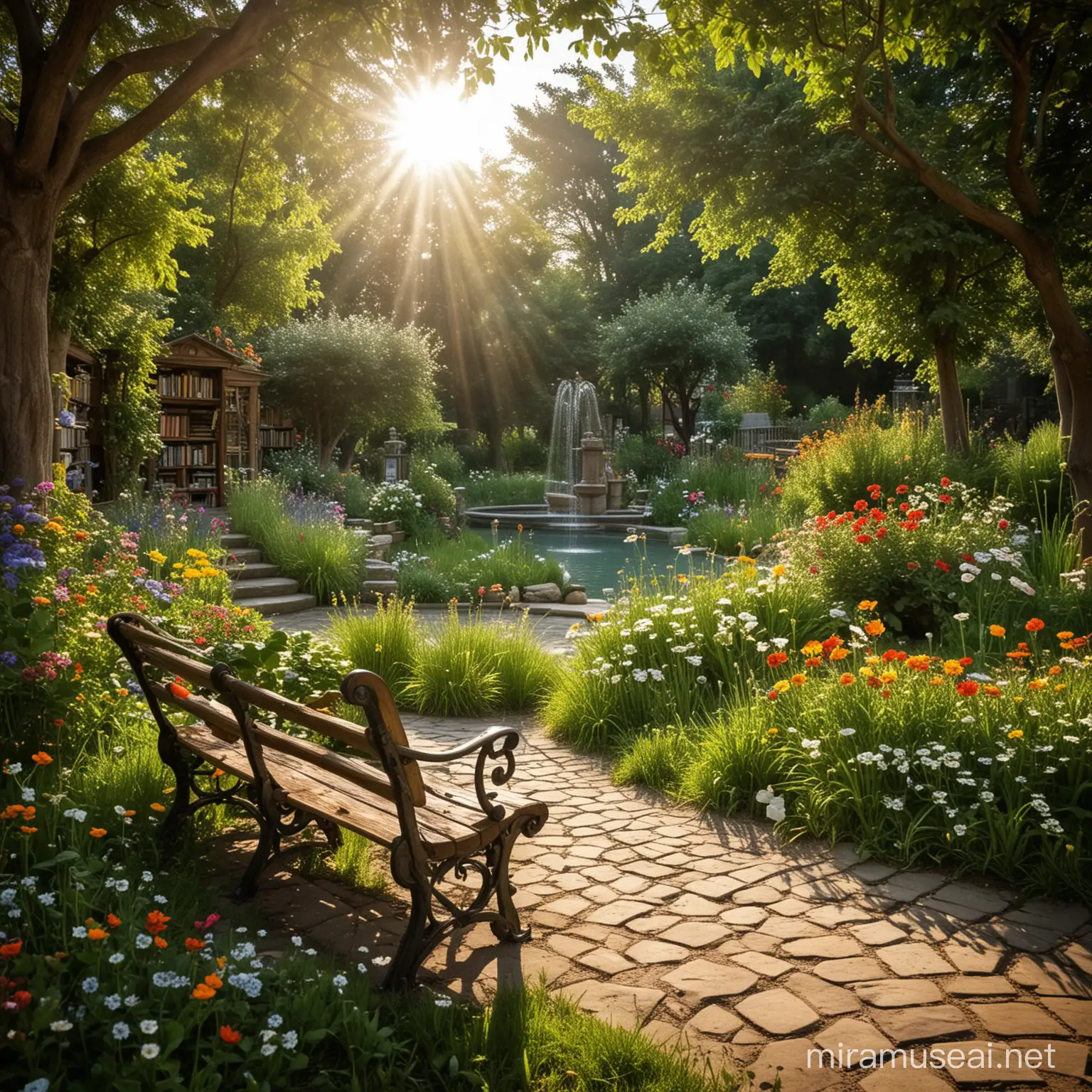 Tranquil Garden Library with Blooming Flowers and Fluttering Butterflies