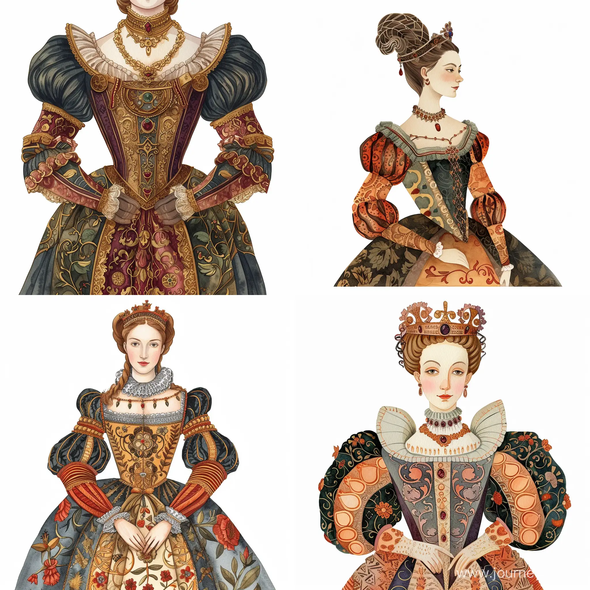 ornamental waist portrait of the ancient Queen of France, in rich clothes, watercolor style, detailed, decorative, flat illustration, Victor Ngai style