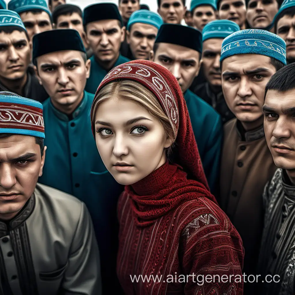 Создай картинку,где толпа Мужчин туркменов жадно смотрят на белорусскую девушку студентку