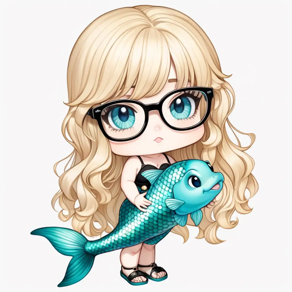 Delicate chibi style mermaid, long wavy blonde hair with bangs, she’s short, curvy, big blue eyes with black glasses, wearing aqua blue, holding a fish stuffed animal, white background