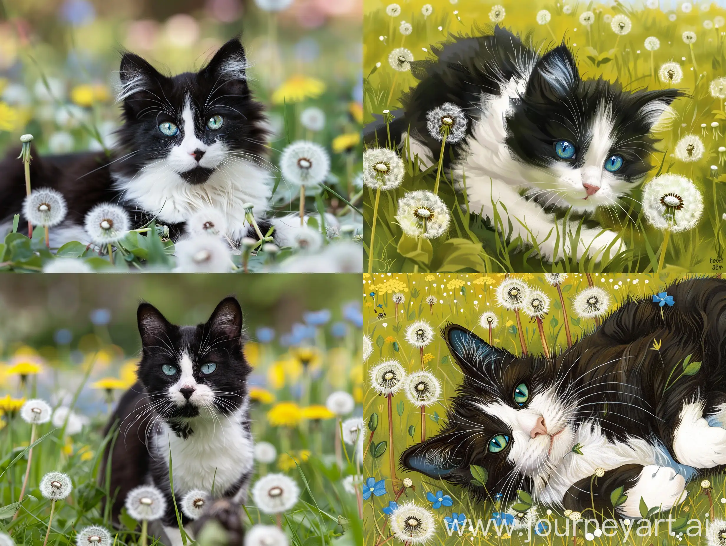 眼睛蓝绿的黑白奶牛猫在春天开满蒲公英的草坪里玩耍