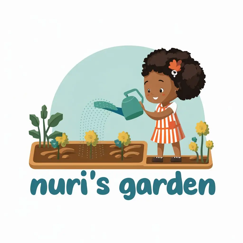 logo, Little Black Girl watering a garden, with the text "Nuri's Garden", typography