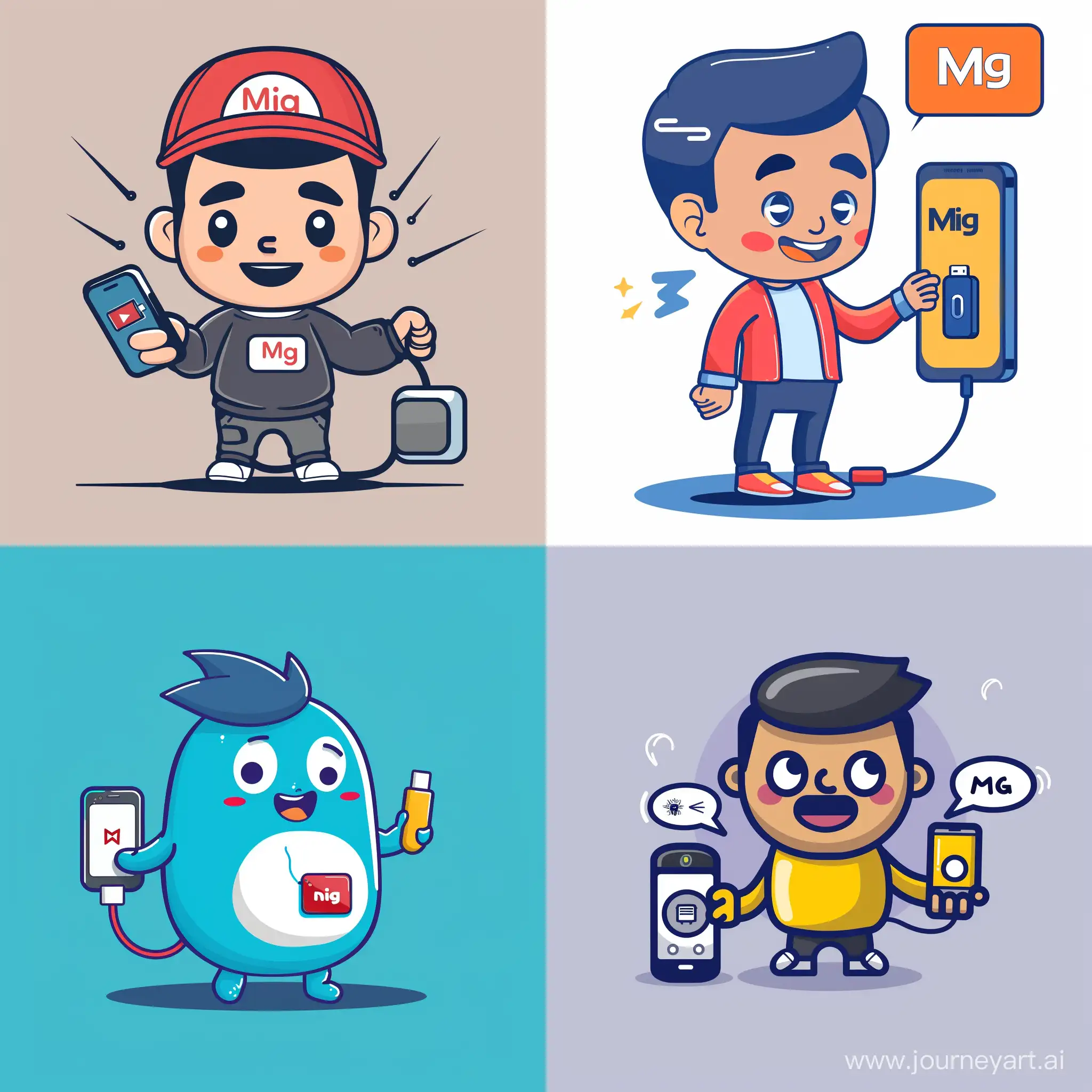 The vector character of Mig Mig, who is tapping his phone, shows fast charging and charging. 
