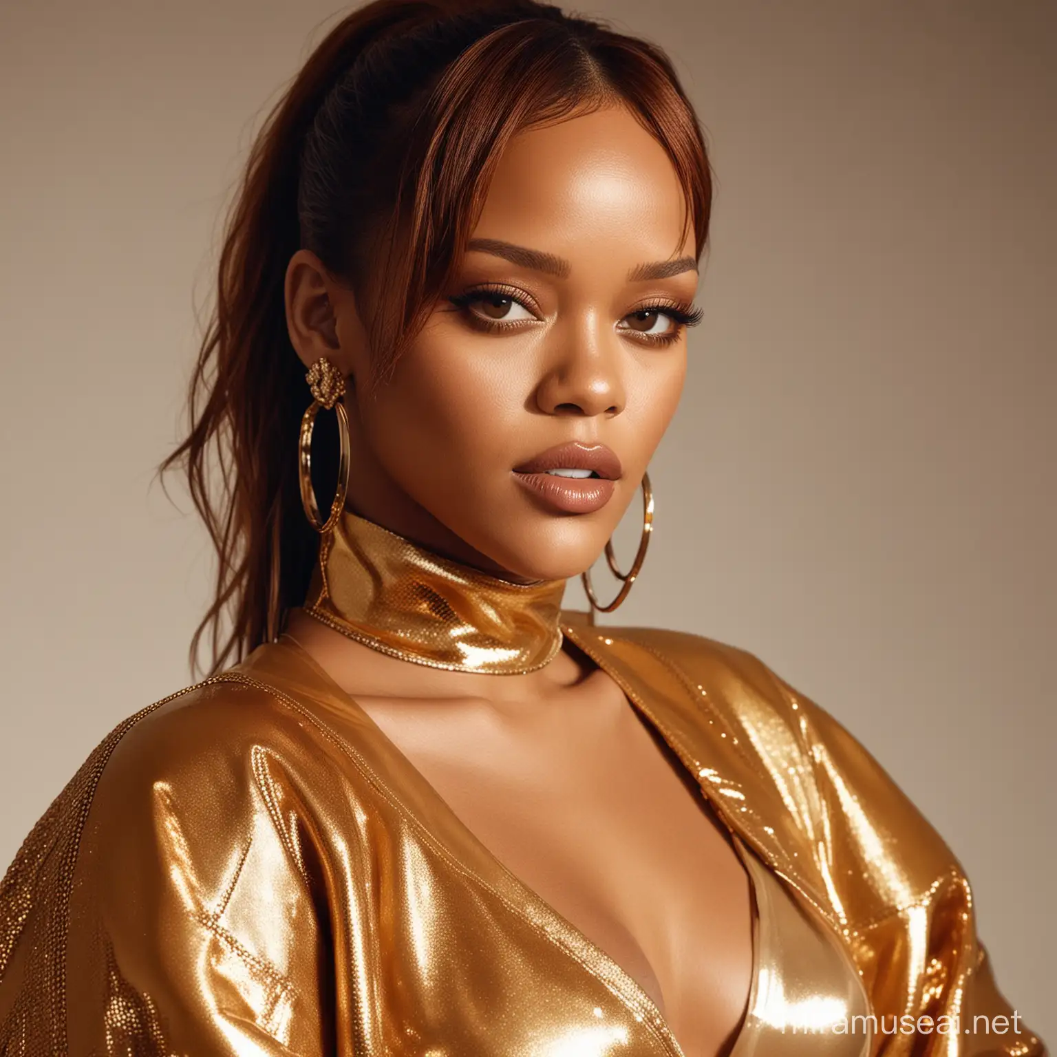  a commercial photo portrait of Rihanna wearing trendy designer outfit looking at the camera, appropriation artist, shiny/ glossy, clear edge definition, unique and one-of-a-kind pieces, light brown and  light amber, Fujifilm X-T4, Sony FE 85mm f/1.4