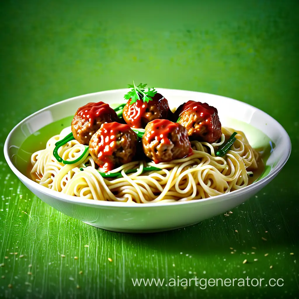 only noodles with meatballs in a white plate, in profile, on a green background, without overexposure, soft lightning, fullhd
