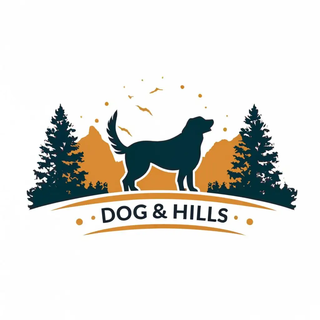 logo, dog trees hills, with the text "dog", typography
