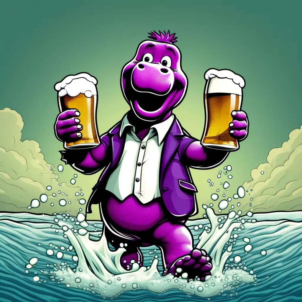 create an image of barney walking on water holding an IPA beer in each hand