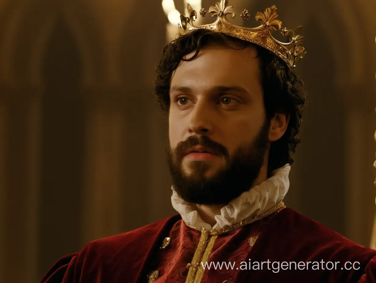 a close up of a person with a beard, renaissance, tv show still, royal gown, hot, eng kilian standing at the throne 