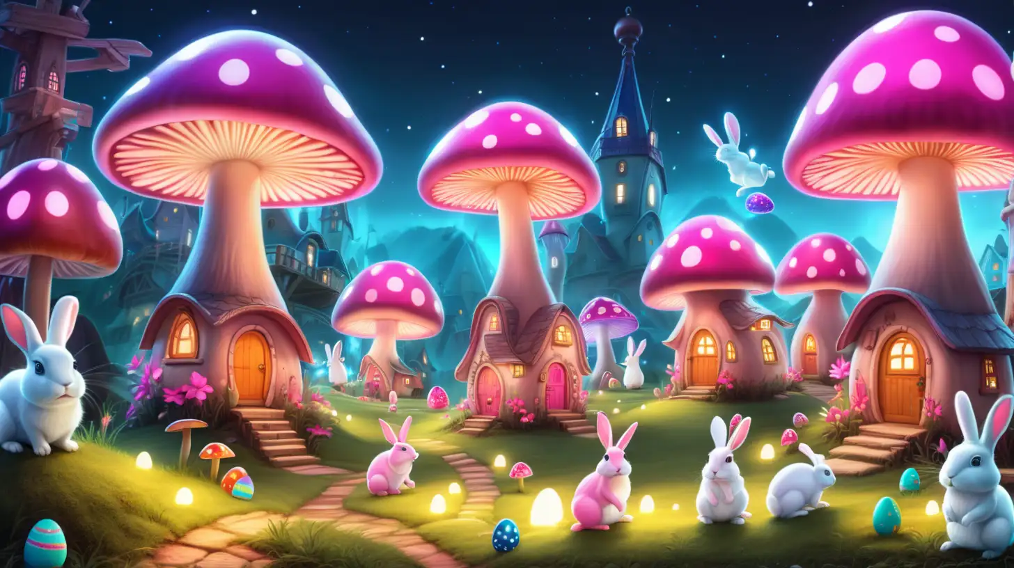 glowing bright mushroom village, with pink-real-rabbits and colorful easter eggs next to rabbits