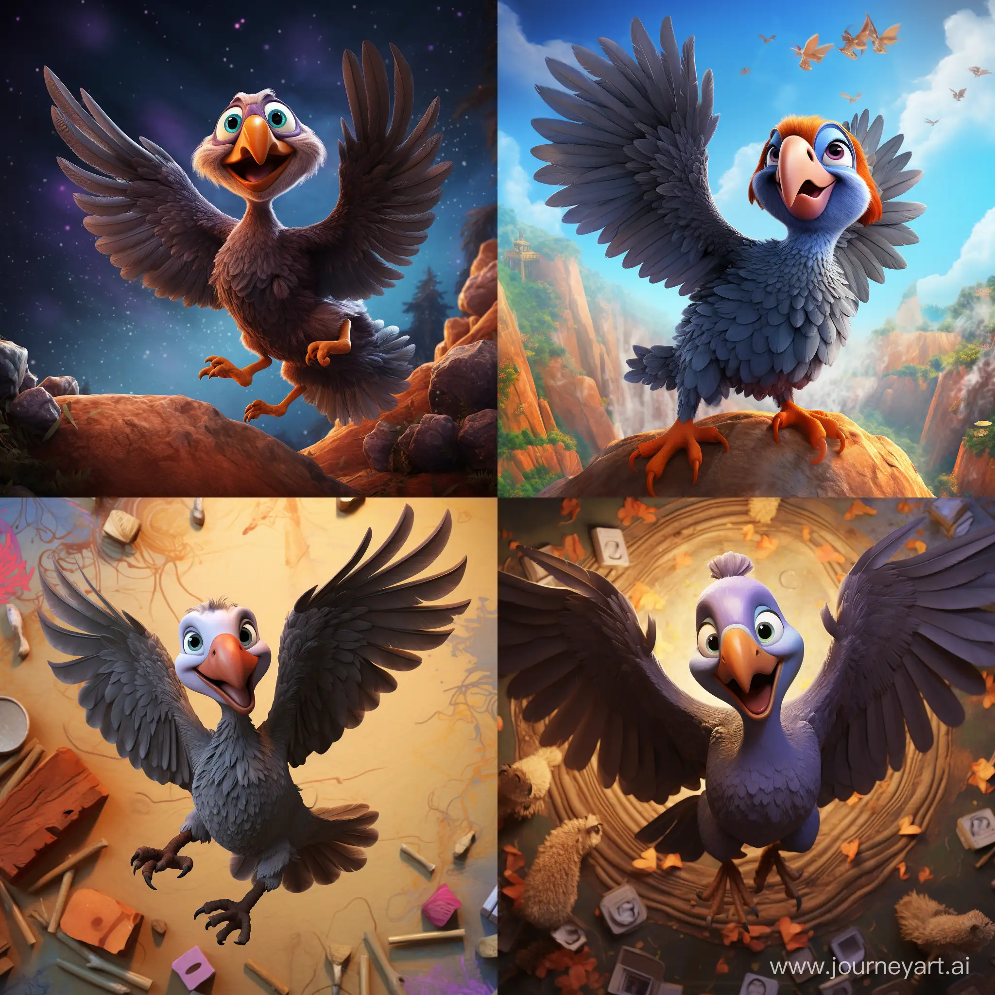 a pixar style cute dodo jumping on us from above flapping wings, intricate details, very dramatic, dramatic angle