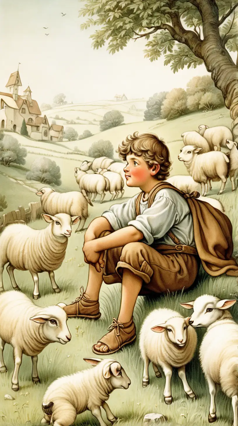 Mischievous Shepherd Boy Planning a Prank Aesops Fables Illustration