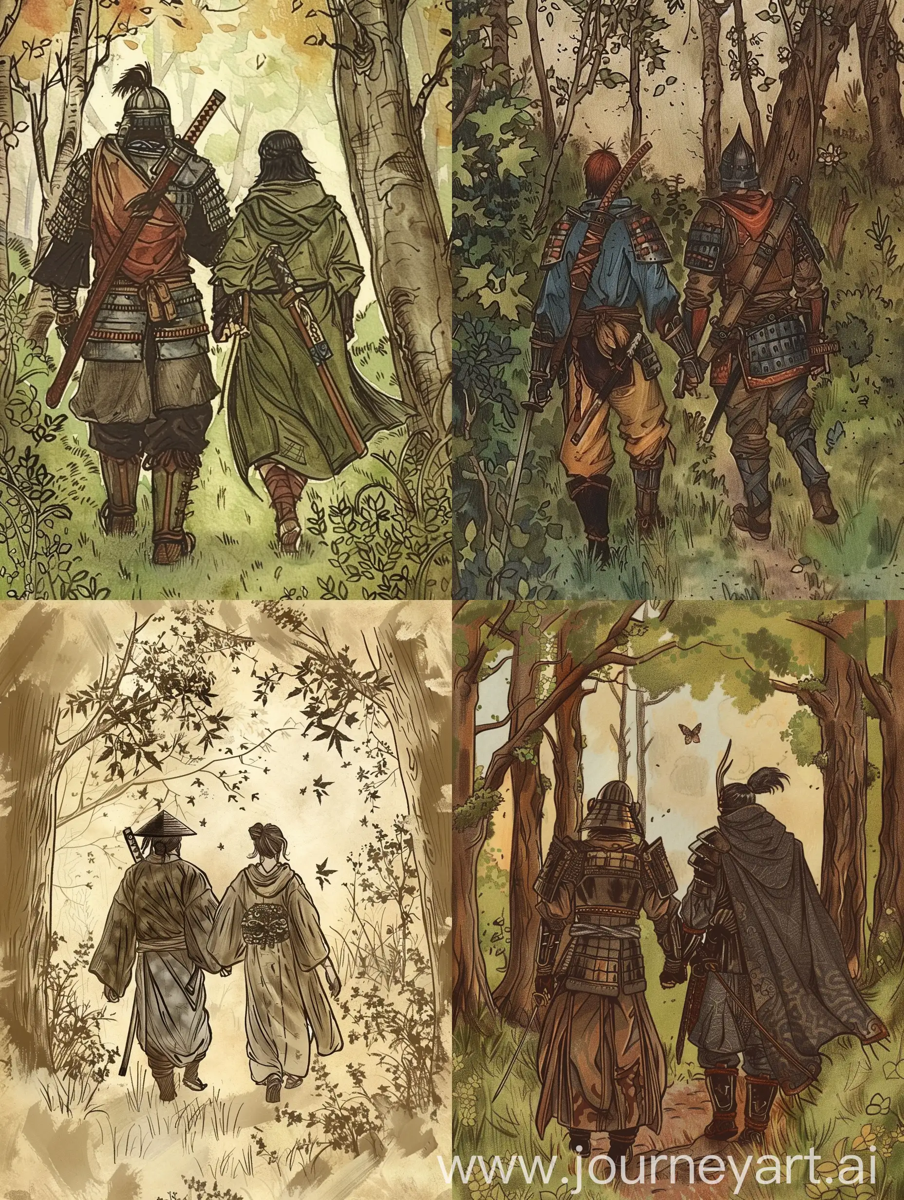 Medieval-Samurai-and-Bard-Strolling-Through-Forest