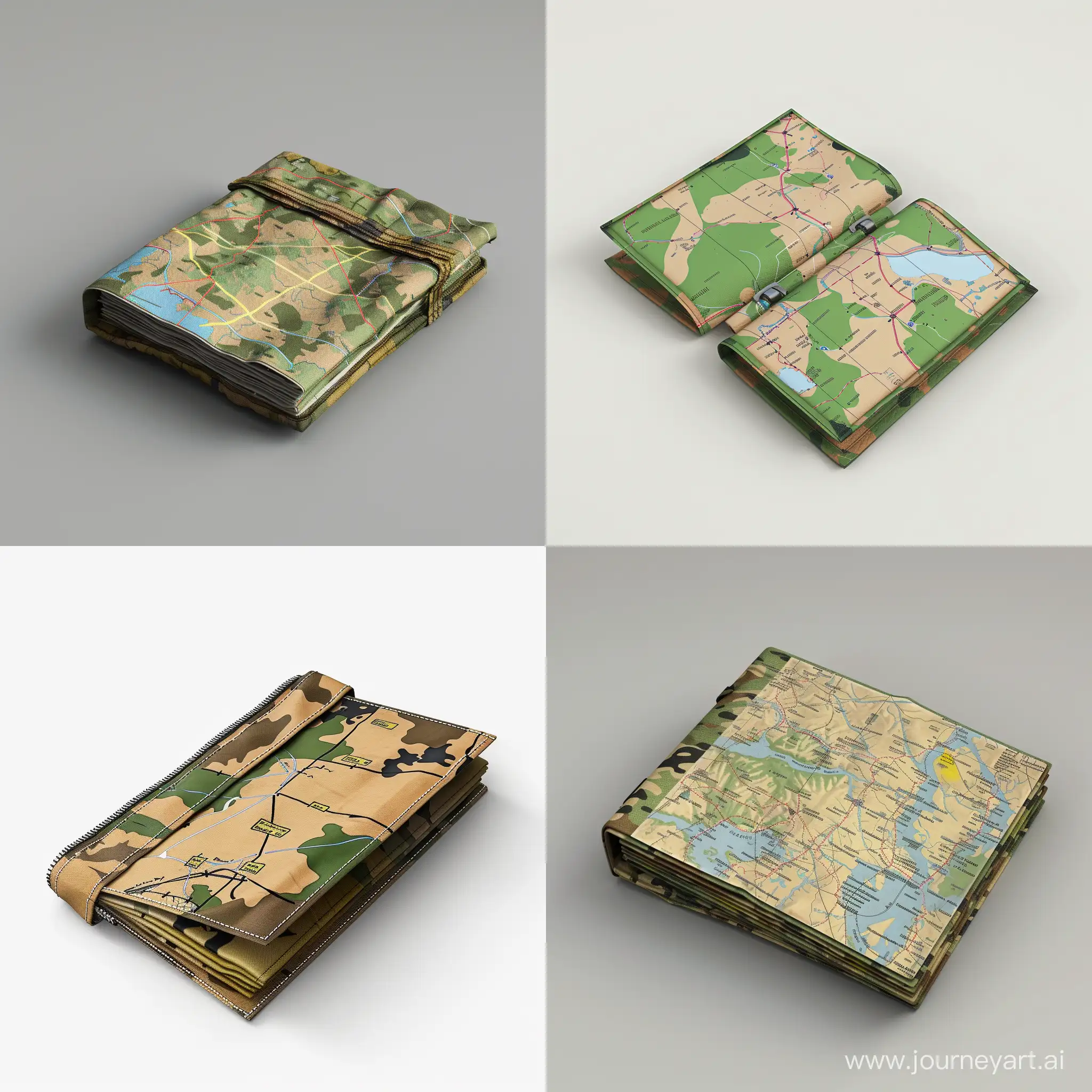 isometric military mapping cartographic kit folded paper in small thin mini opened camo folder, 3d render, no background