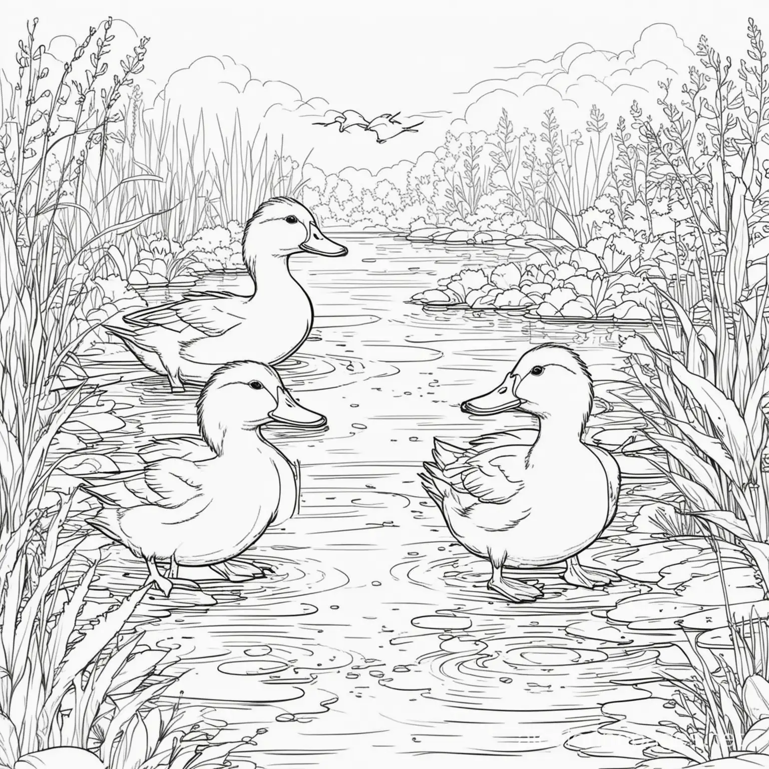 ducks 
on pond


, Coloring Page, black and white, line art, white background, Simplicity, Ample White Space. The background of the coloring page is plain white to make it easy for young children to color within the lines. The outlines of all the subjects are easy to distinguish, making it simple for kids to color without too much difficulty