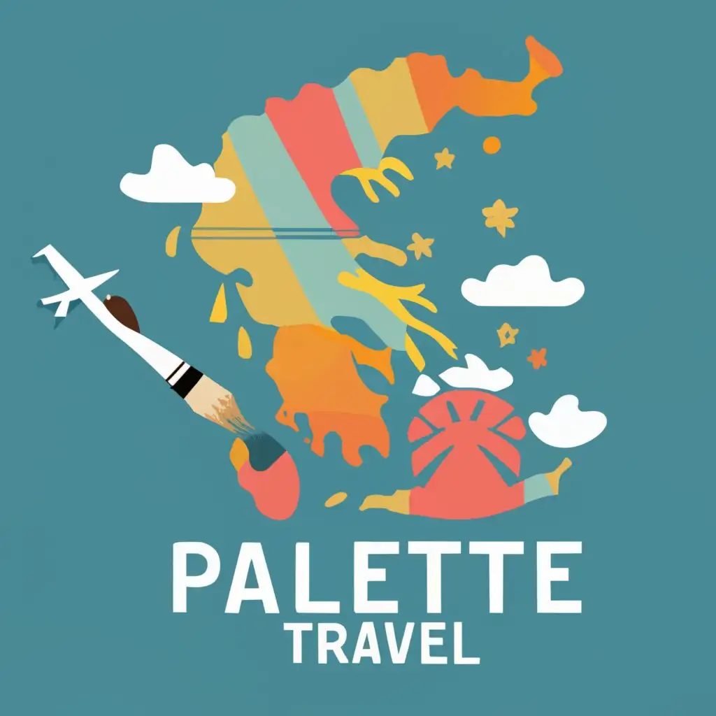 logo, map of greece with a plane  and a paint brush. the "palette" should be colourful, with the text "PALETTE TRAVEL", typography, be used in Travel industry