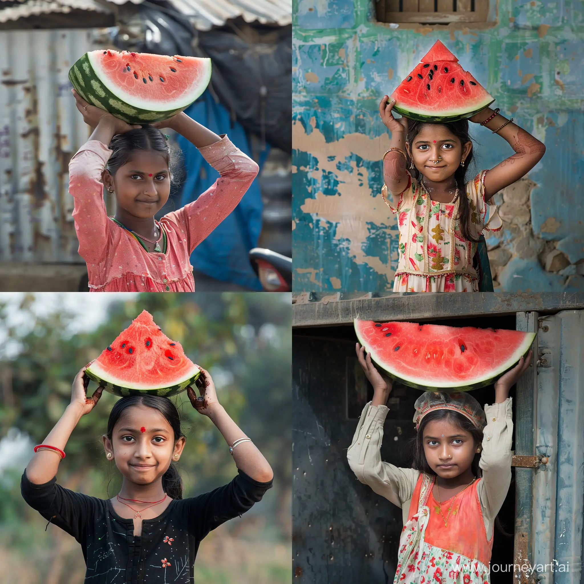 A girl holding a watermelon on her head, indian origin, gujarat