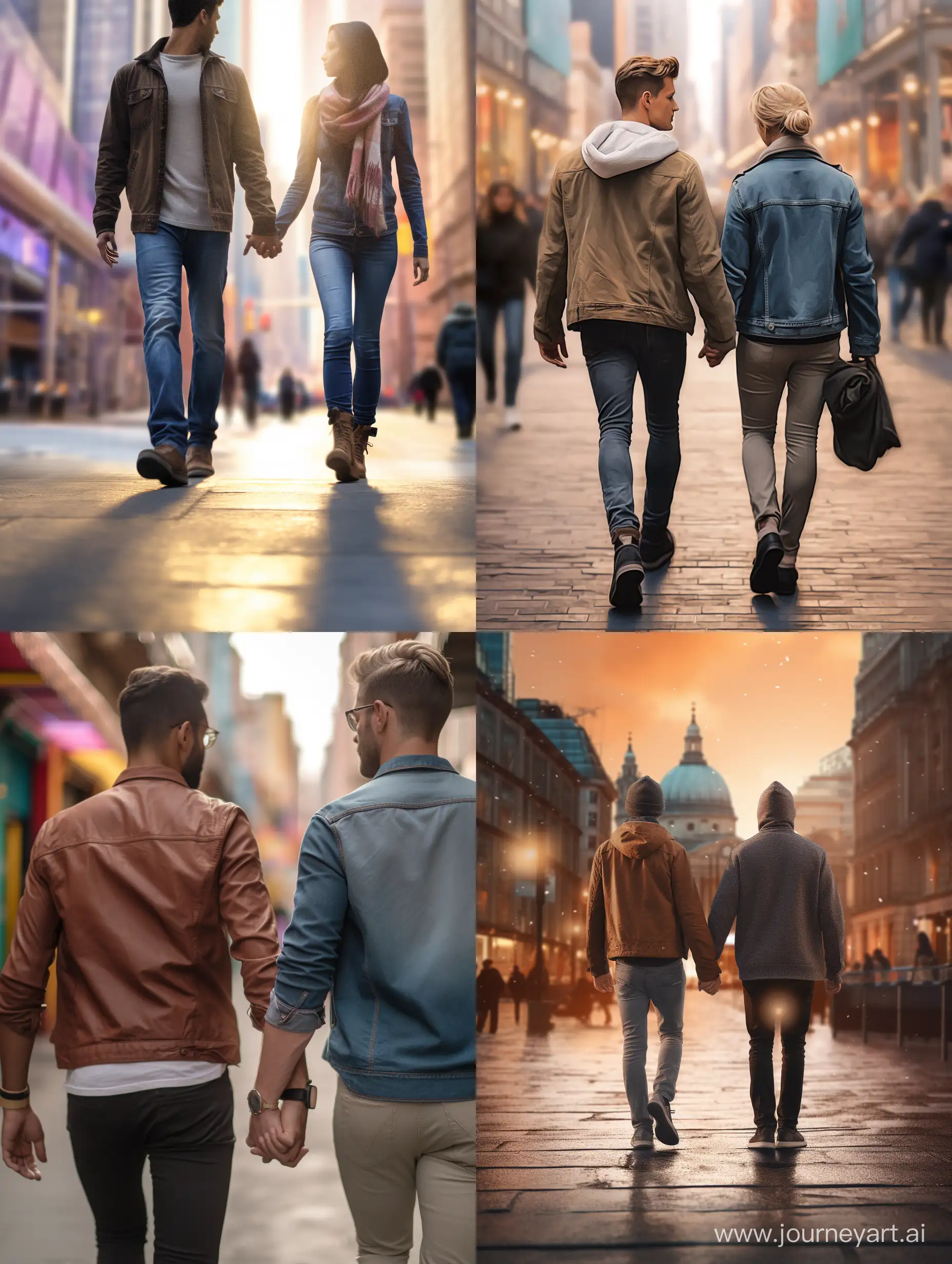 A gay couple walking in the city holding hands. Close-up, Photo realistic, blurry background