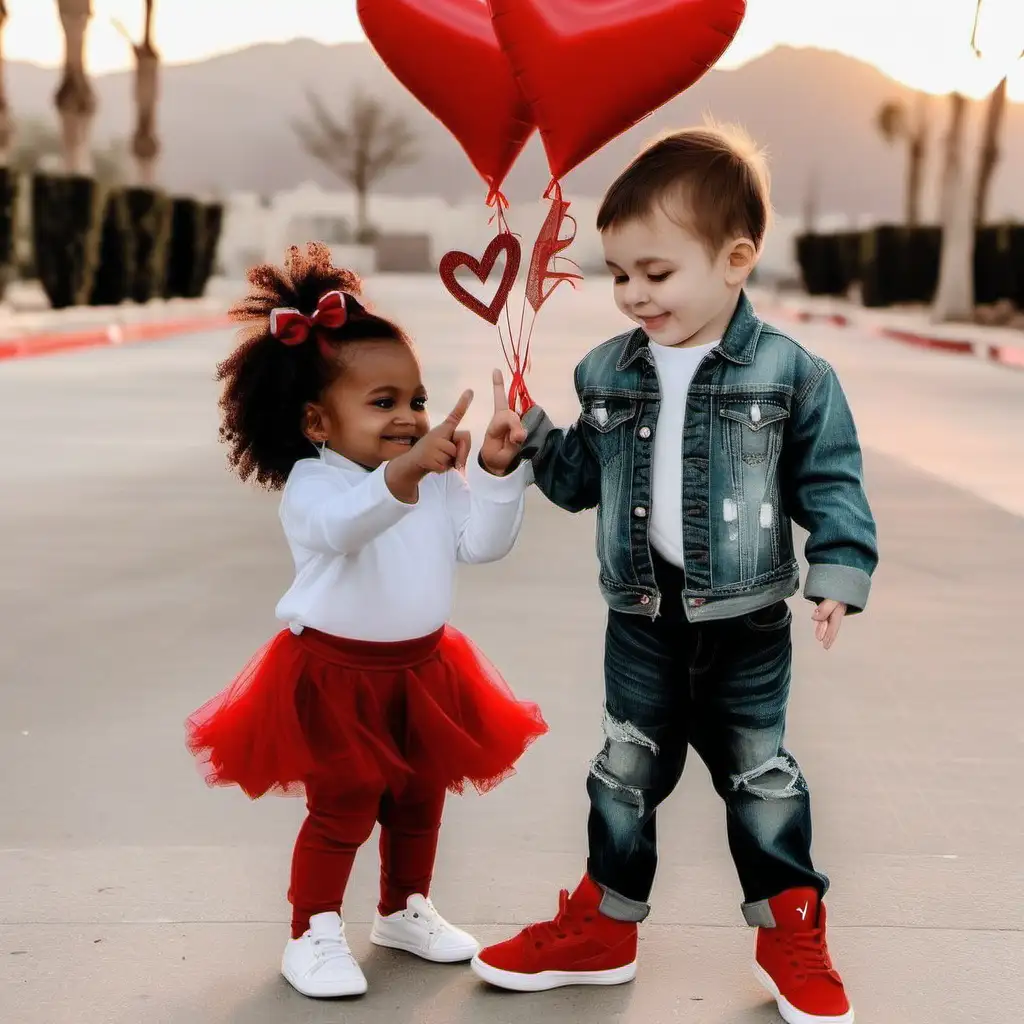 A little baby boy in Jordan shoes putting up the peace signs on a date with a little girl Valentines 

