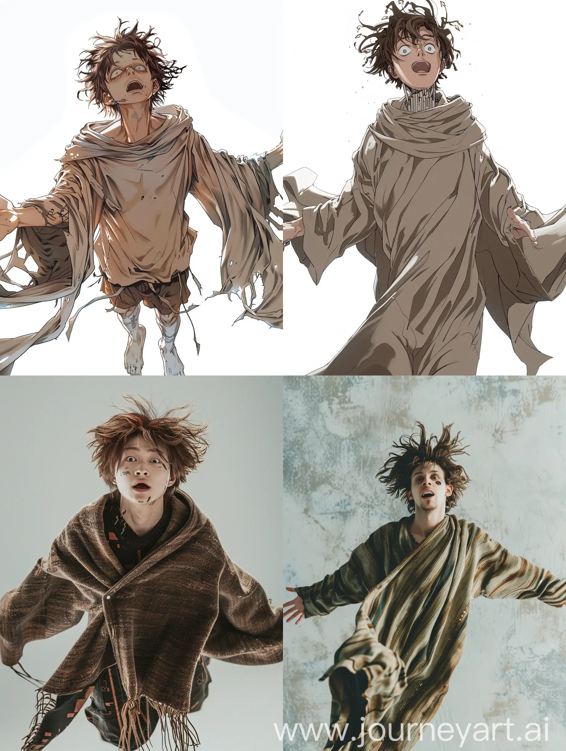 Man with messy short brown hair STUCK UP (( SKIN FADE)) as cybernetics god (((levitating in air)) with tulum poncho clothing (looking crazy WIDE EYED SMILE))) [[ANIME STYLE]] FULL BODY
