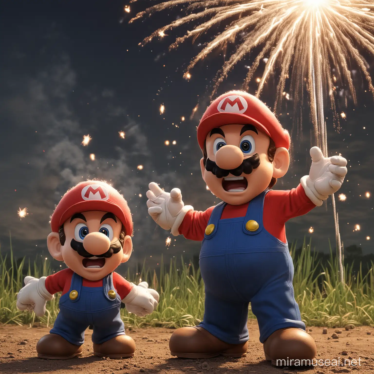 Mario and Baby Mario horrified by fireworks