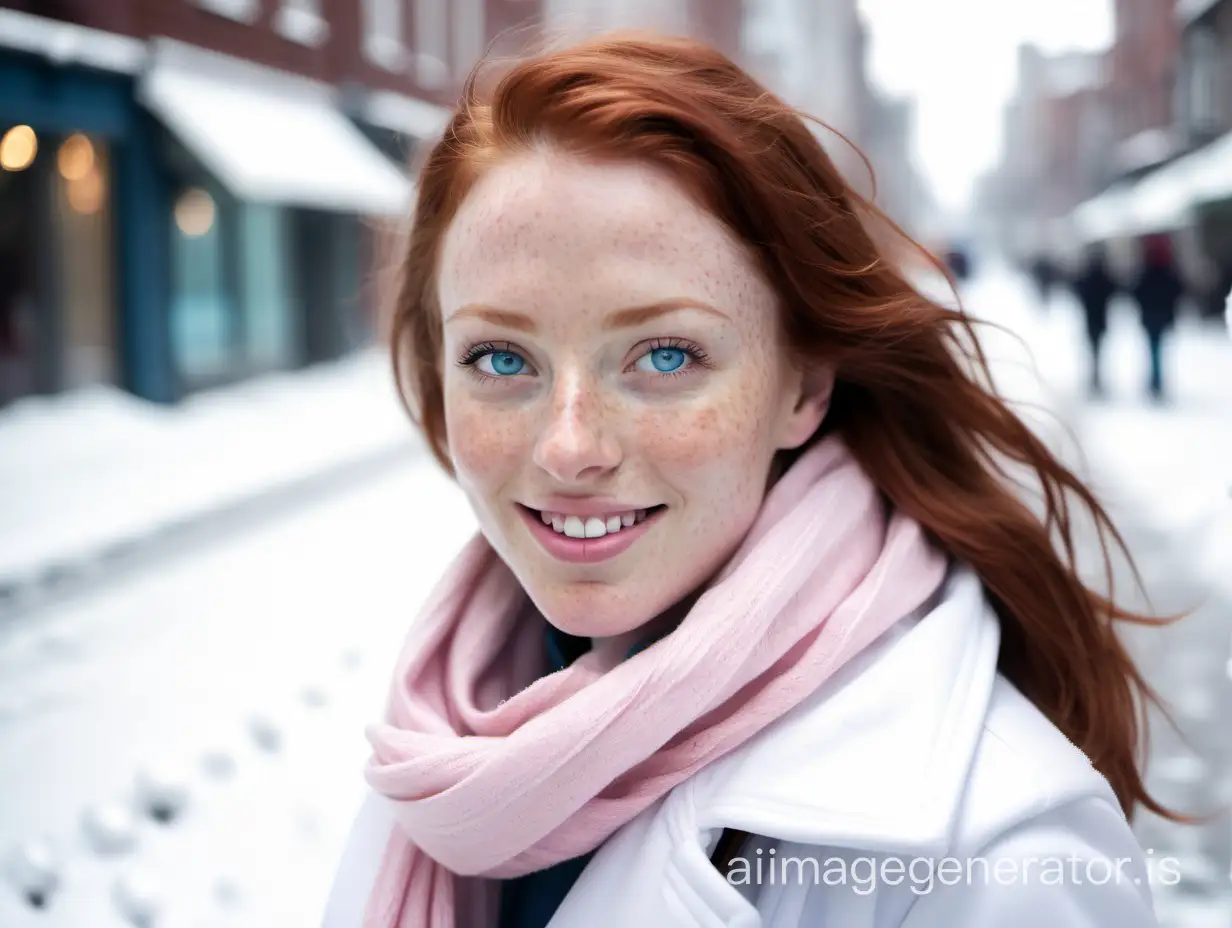 A woman with dark ginger hair and blue eyes, some facial freckles, cheerful with light smile, wearing a pink and white scarf and a white coat, stands in a snowy city street