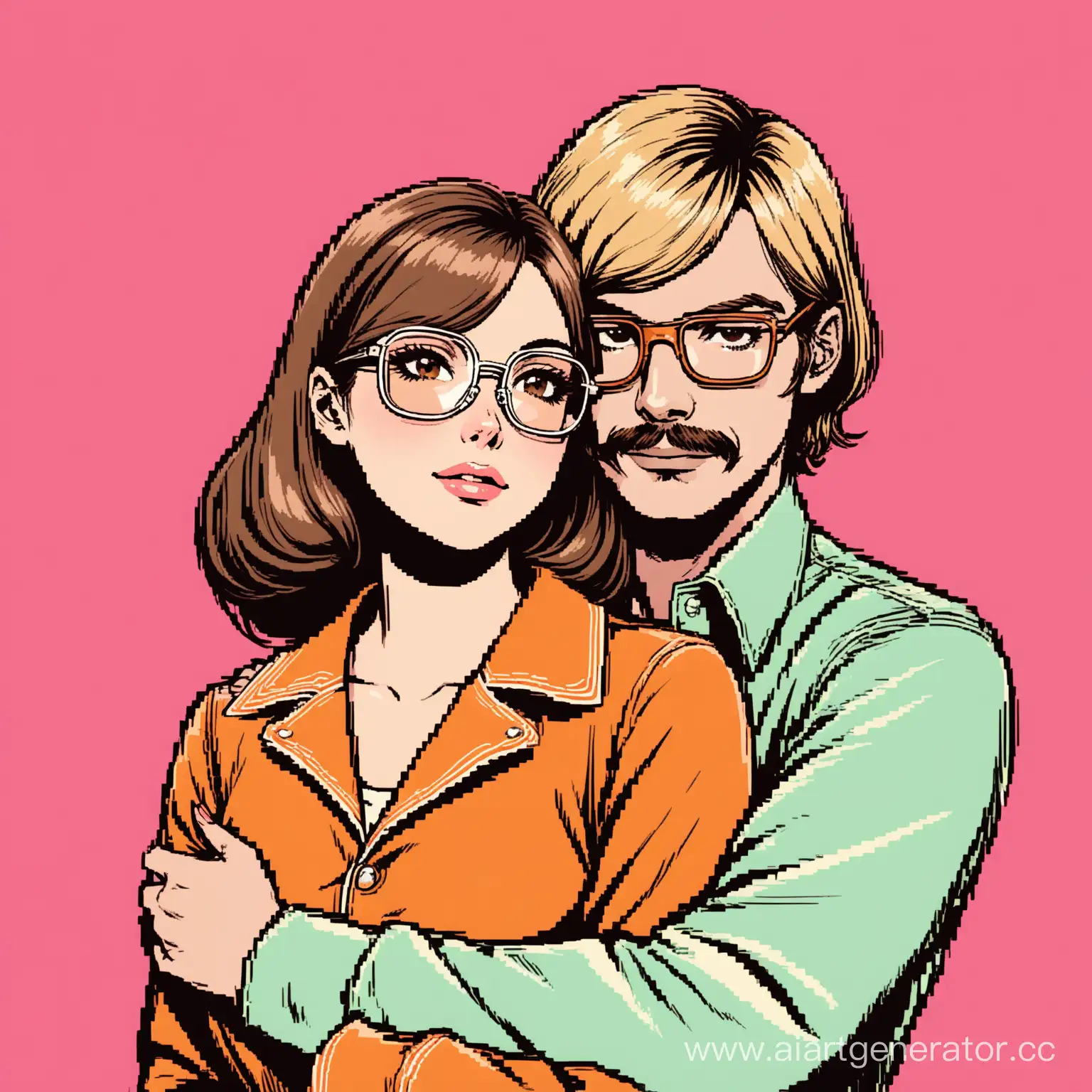 Young-Woman-Embracing-Blond-Man-in-Retro-Aviator-Glasses-on-Pink-Background