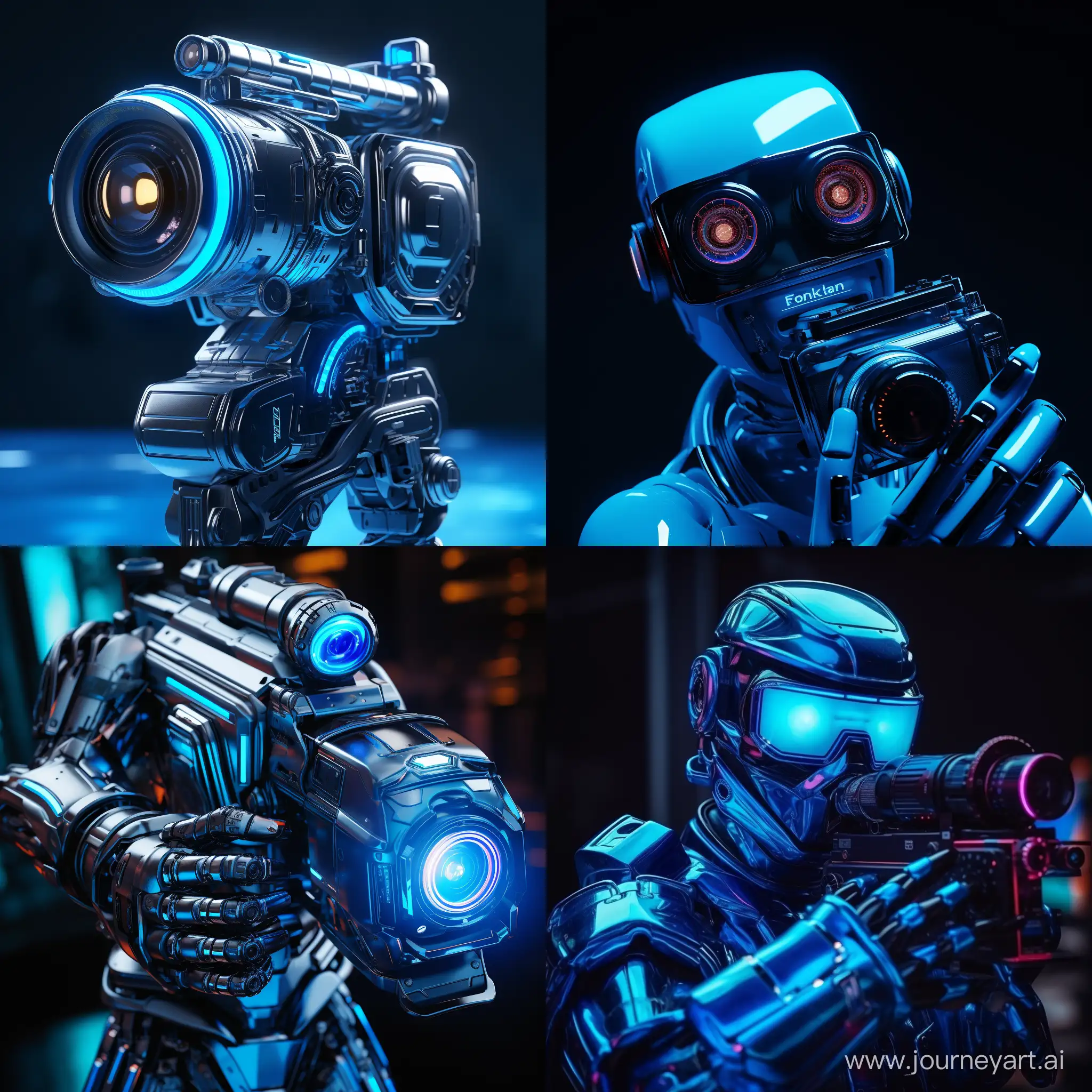 a robot that shoots video on a blue neon 4k camera
