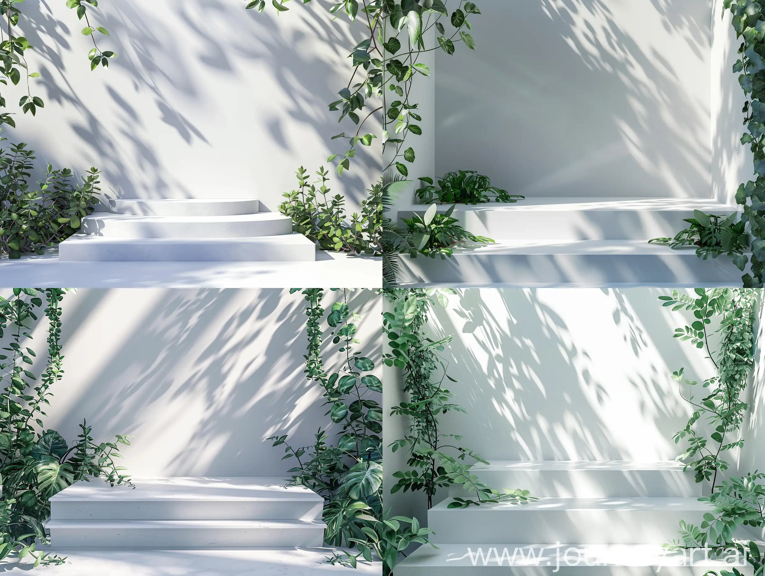 一个白色的分级展台，两边有绿色叶子的植物，展台上留有空白，墙面有植物的光影，