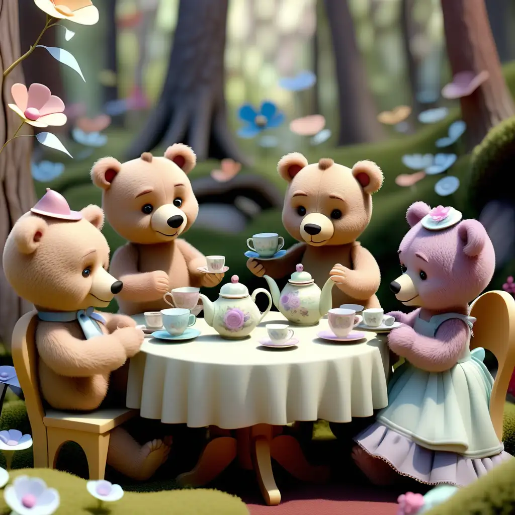 Envision a charming Pixar3D image where a group of teddy bears gathers for an enchanting tea party in a whimsical forest setting. Each bear is adorned in dainty attire, sipping tea from miniature cups, surrounded by delicate flowers and pastel-colored teapots. This scene captures the essence of childhood imagination and innocence.
