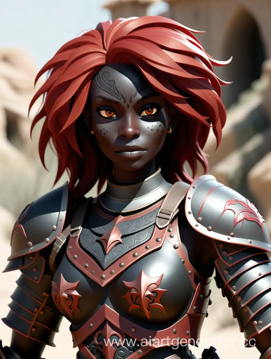 женщина с черной коже с рыжими волосами и доспехах 