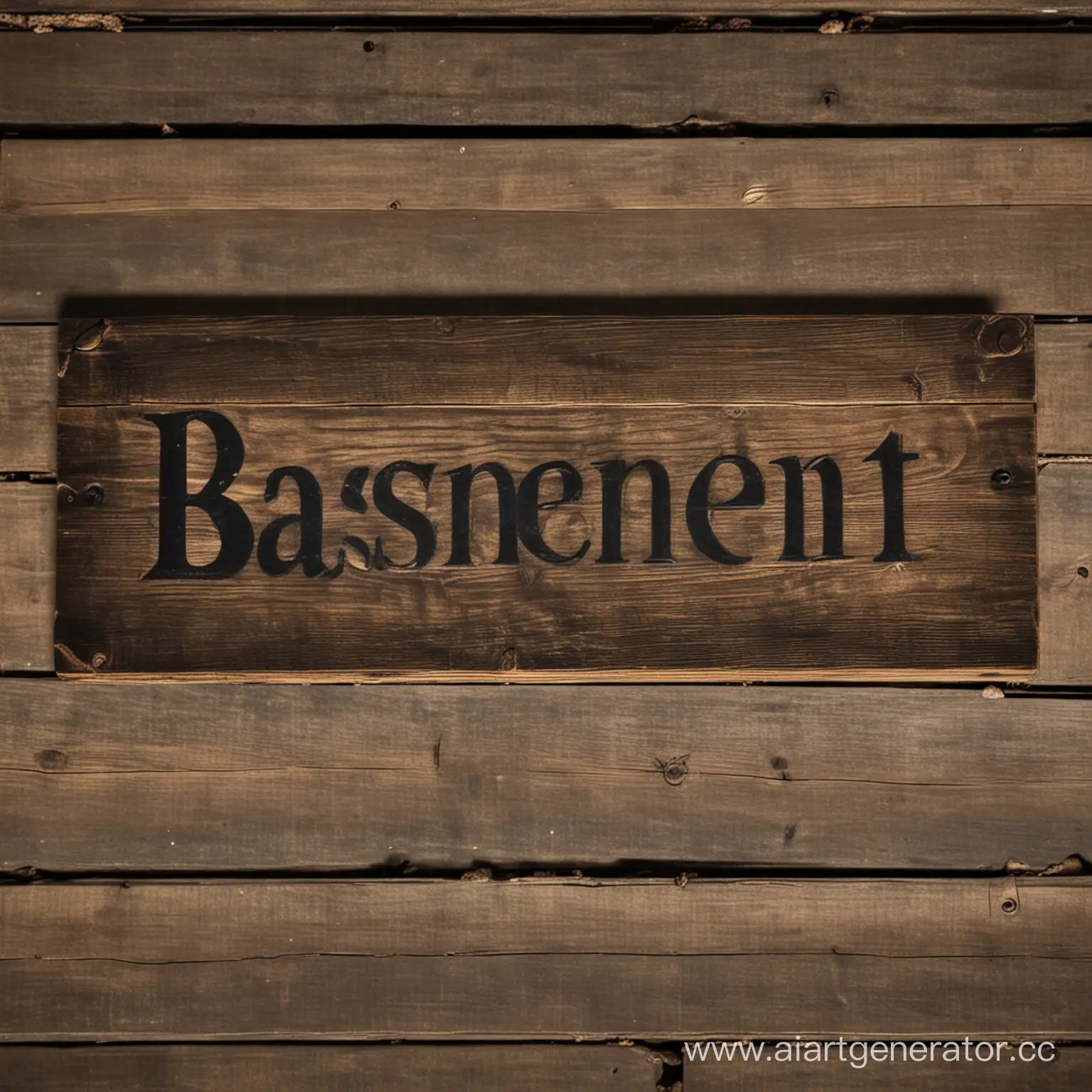 dark basement, wooden sign with text "Basement"
