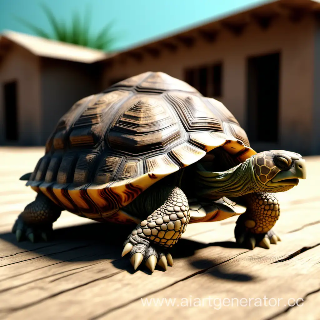 3D-Old-Wood-Home-with-Approaching-Tortoise-Army-in-Bright-Sunlight