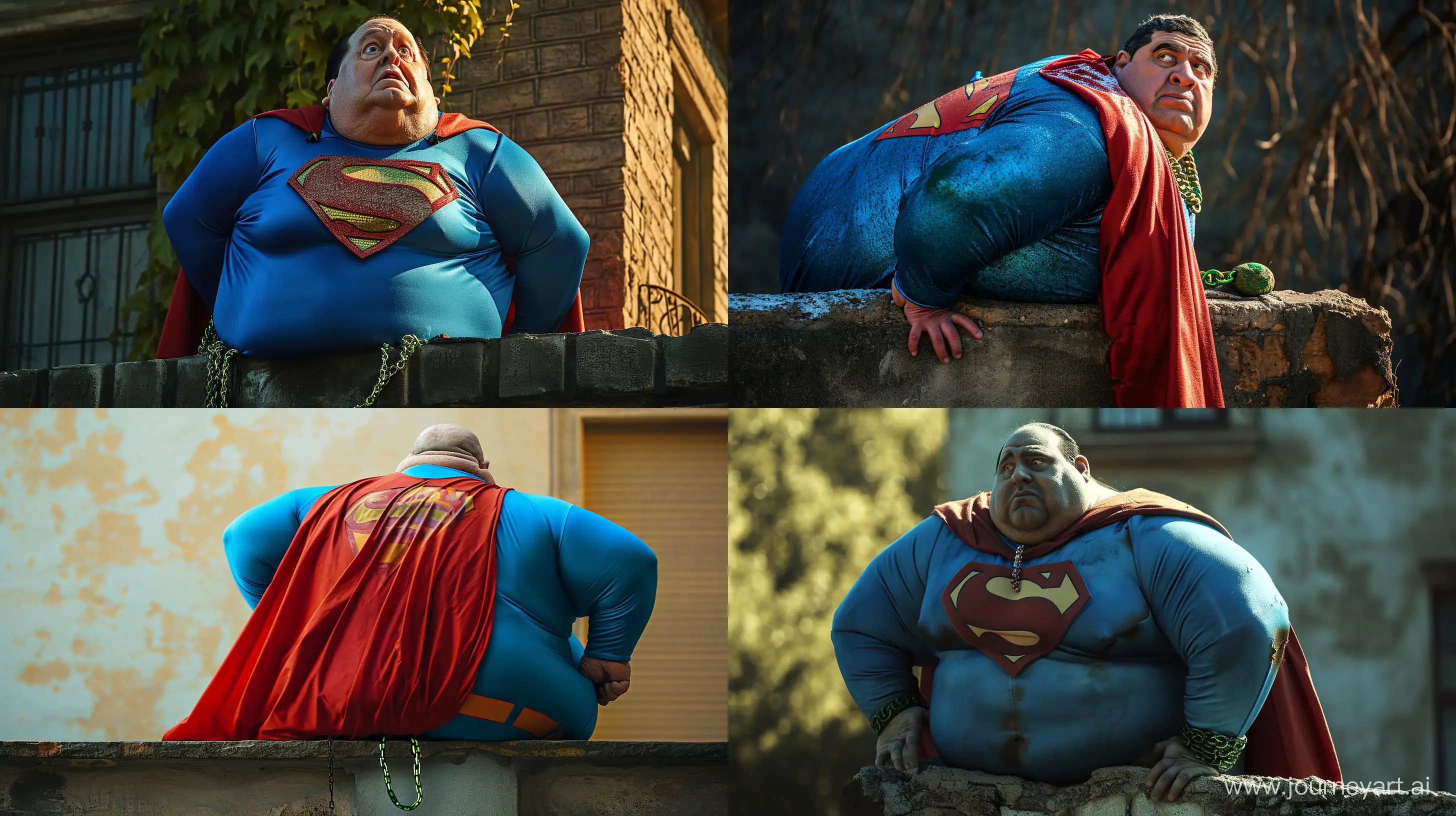 Full body photo of a chubby man aged 70. His back is leaning outside on a wall. He look afraid. He is wearing a slightly shiny bright blue superman costume with a big red cape. He wears a heavy shiny green chain necklace with a small green rock. Full body shot. --style raw --ar 16:9 --v 6