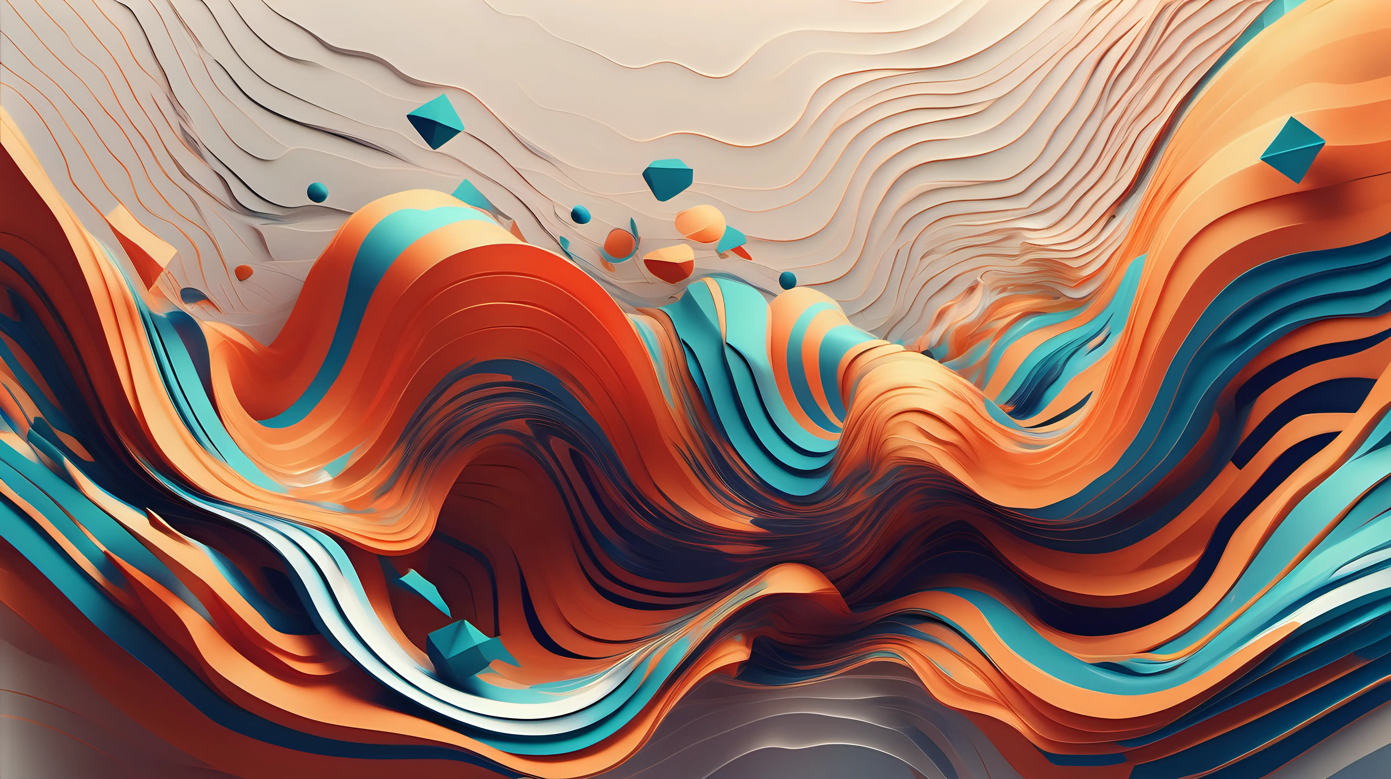 Create an AI-generated abstract art piece that combines fluid dynamics and geometric shapes, offering a visually stunning and dynamic background for creative content.