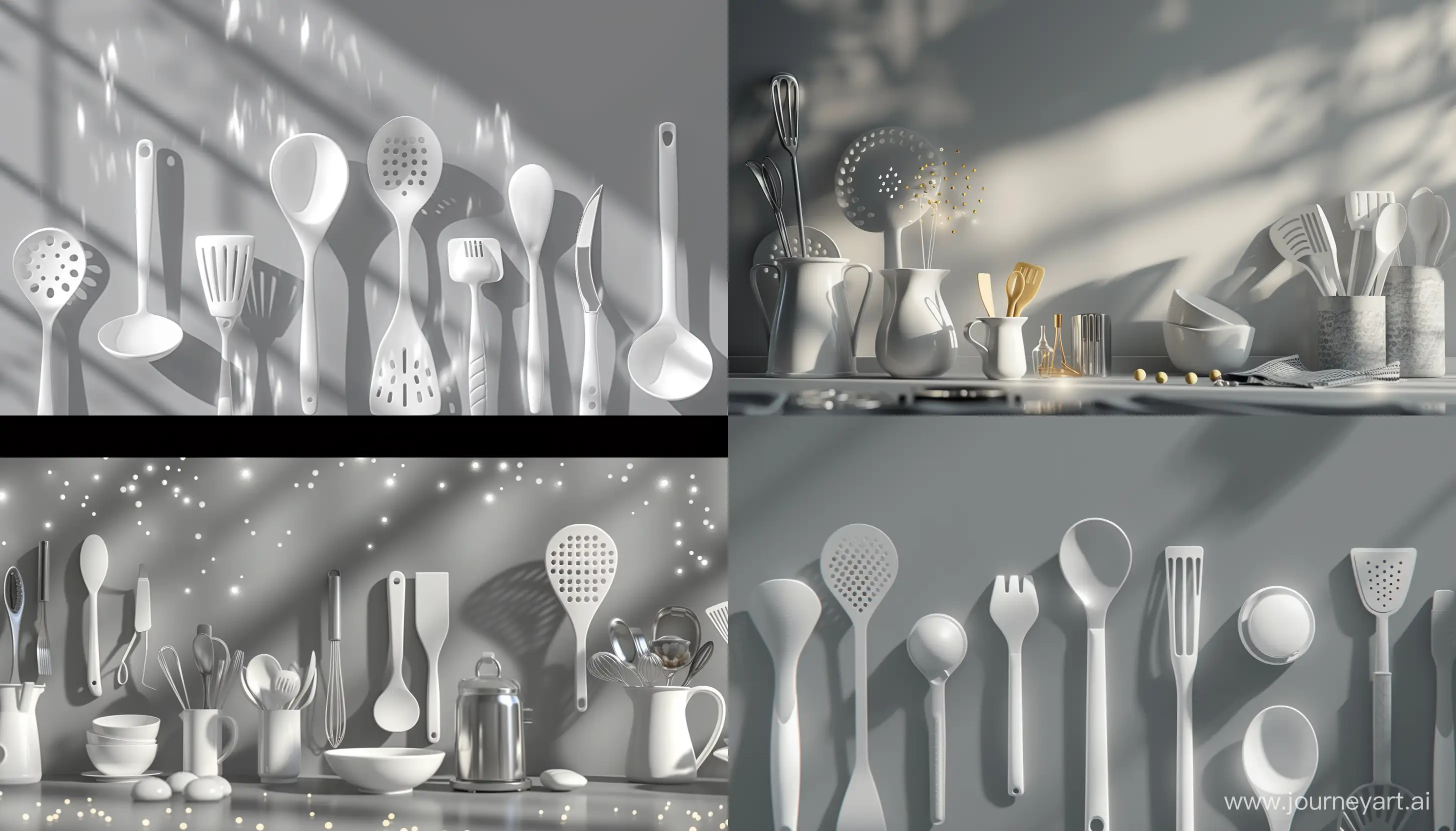 banner for kitchen utensils virtual store, gray background with light techniques, using the best techniques from the greatest designs in the world and techniques from the designs of the most beautiful online stores in the world, using all the graphic, lighting, design and scenery techniques of most hyper-realistic and current generation animations for the objects on the banner, with Ray tracing at an absurd level; 32k; absurd details, better CGI; advanced blurring techniques in some specific points; advanced lighting techniques; cinematic style; every part of the image with the maximum absurd detail possible in 32k quality; --ar 21:12 --v 6.0