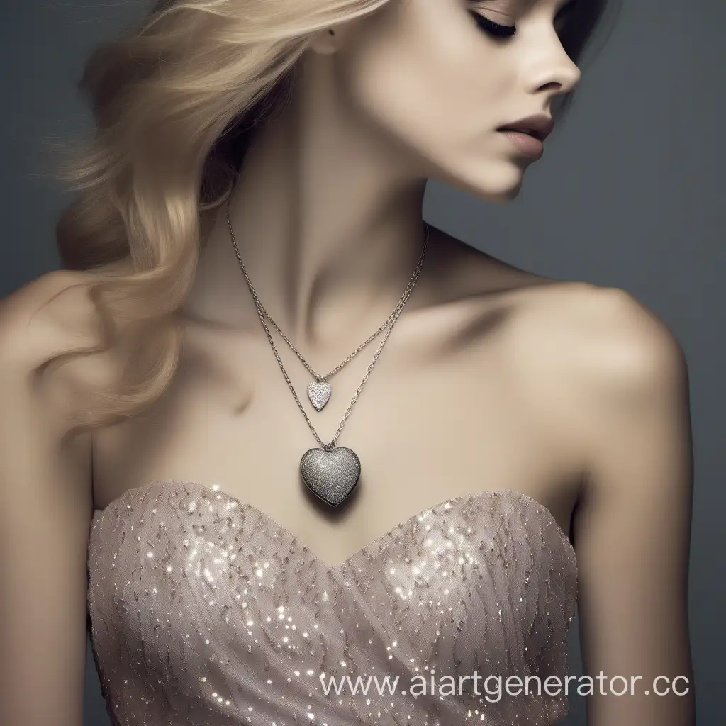 A photo taken shows a close-up of a young woman wearing a tulle sequined short dress with a sweetheart neckline and a delicate necklace that perfectly blends feminine elegance with fashion, consisting of a delicate chain and a gorgeous heart-shaped pendant set with a 1-carat pendant. Composed, the pendant is very small showing charming charm and taste. Add an excellent visual focus to the neck, show the girl's personality and taste, and create a unique visual effect. Through the processing of light and details, the brightness and texture of the necklace are highlighted. Make sure that the girl's image and the necklace she designs complement each other, balancing and complementing each other. The final design is a real photo, and the final design should be stylish and impressive.